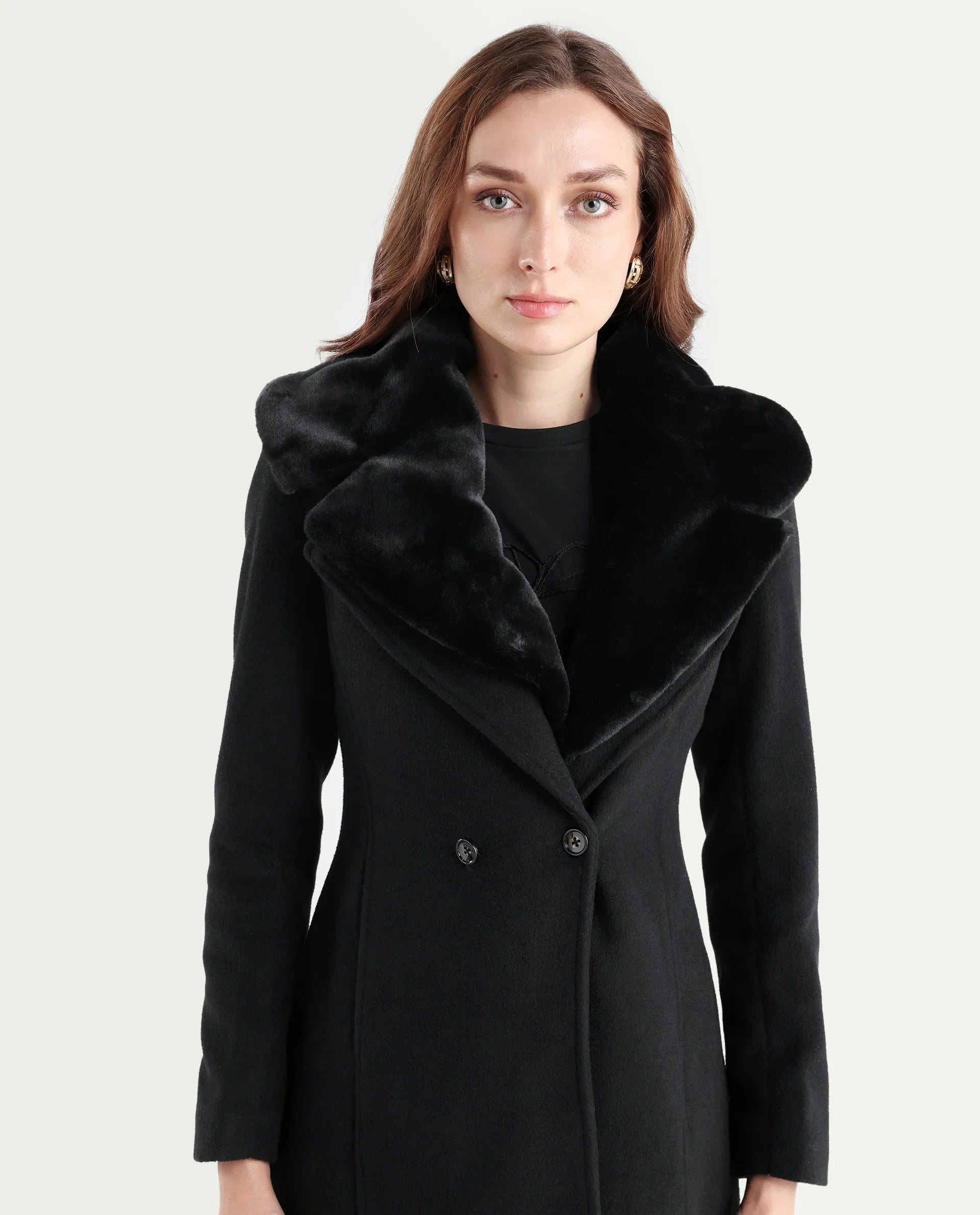 Rareism Women's Teich 1 Black Lapel Neck Plain Midi Regular Fit Jacket