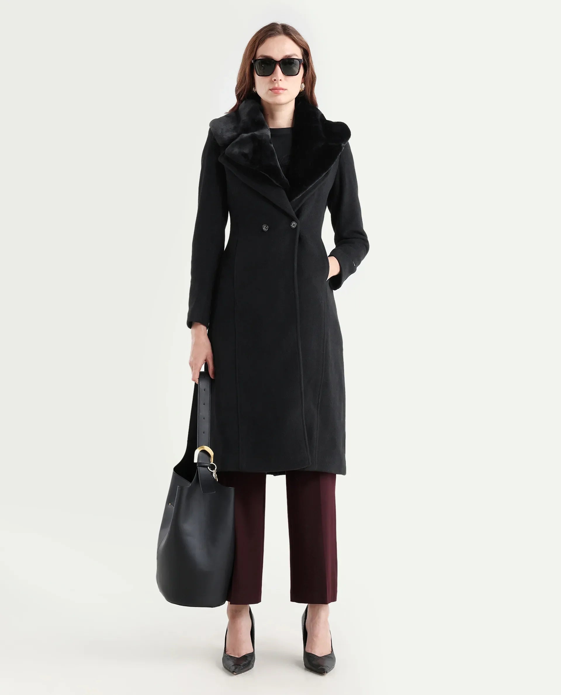 Rareism Women's Teich 1 Black Lapel Neck Plain Midi Regular Fit Jacket