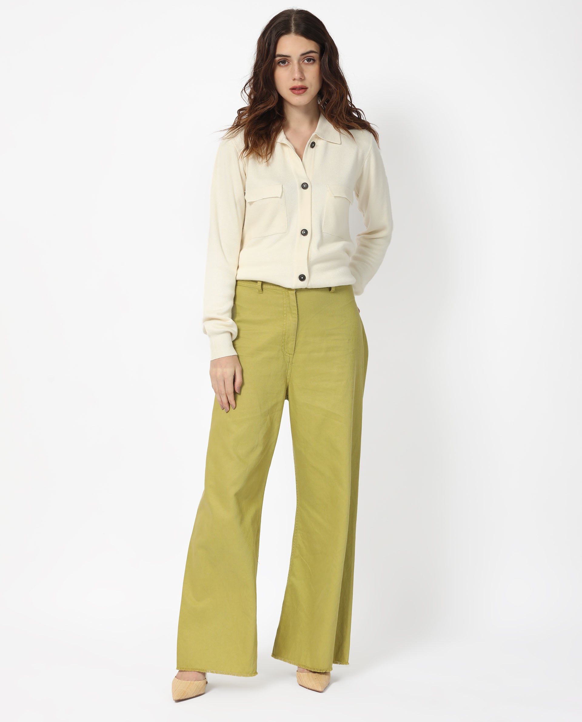 Rareism Women's Telkon Off White Viscose Spread Collar Plain Regular Fit Sweater