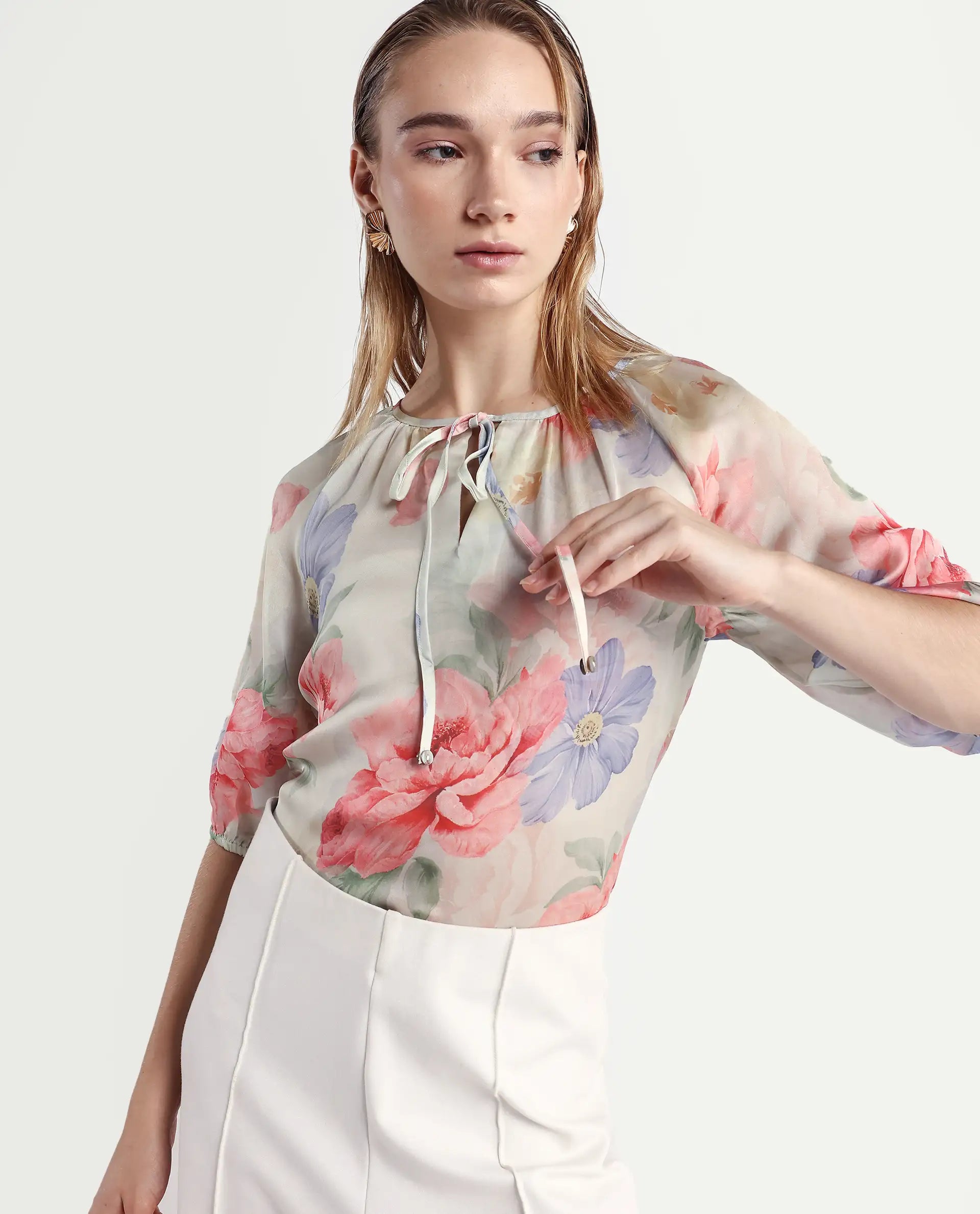 Rareism Women's Tella Light Green Polyester Blend Tie-Up Neck Floral Print Raglan Sleeve Relaxed Fit Top