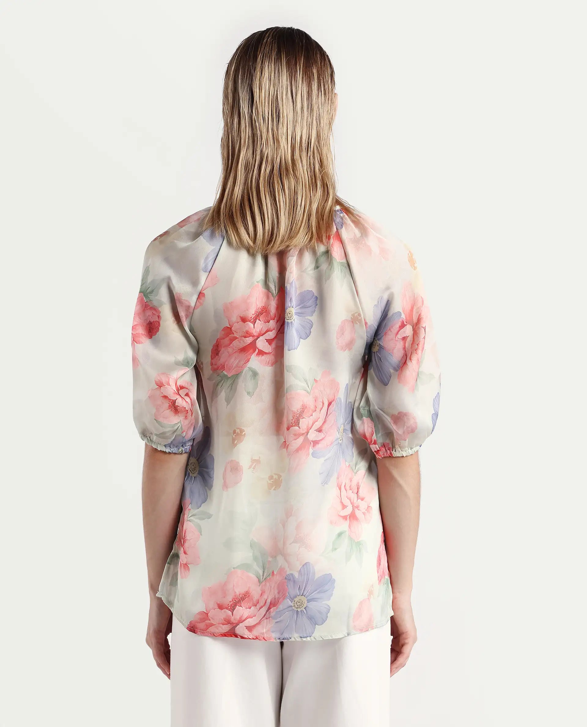 Rareism Women's Tella Light Green Polyester Blend Tie-Up Neck Floral Print Raglan Sleeve Relaxed Fit Top