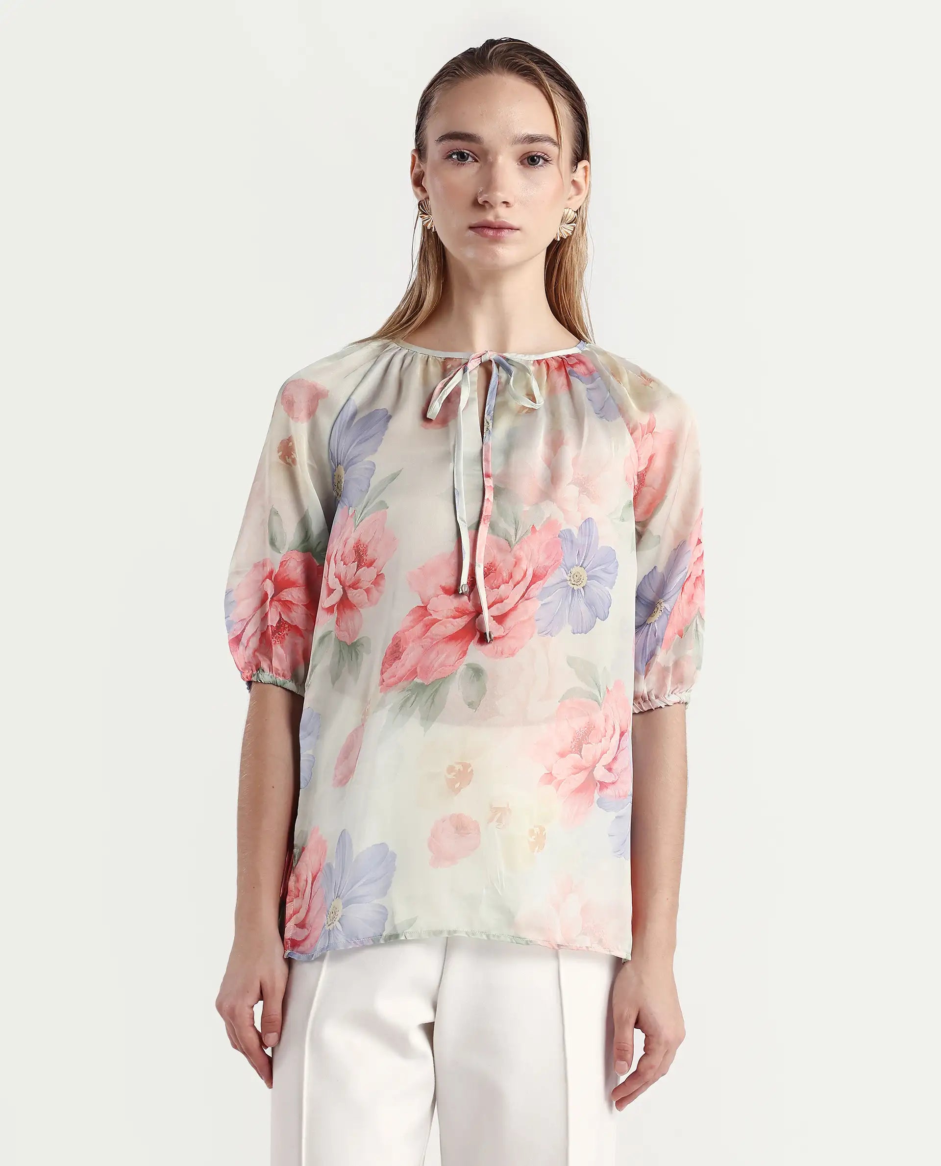 Rareism Women's Tella Light Green Polyester Blend Tie-Up Neck Floral Print Raglan Sleeve Relaxed Fit Top