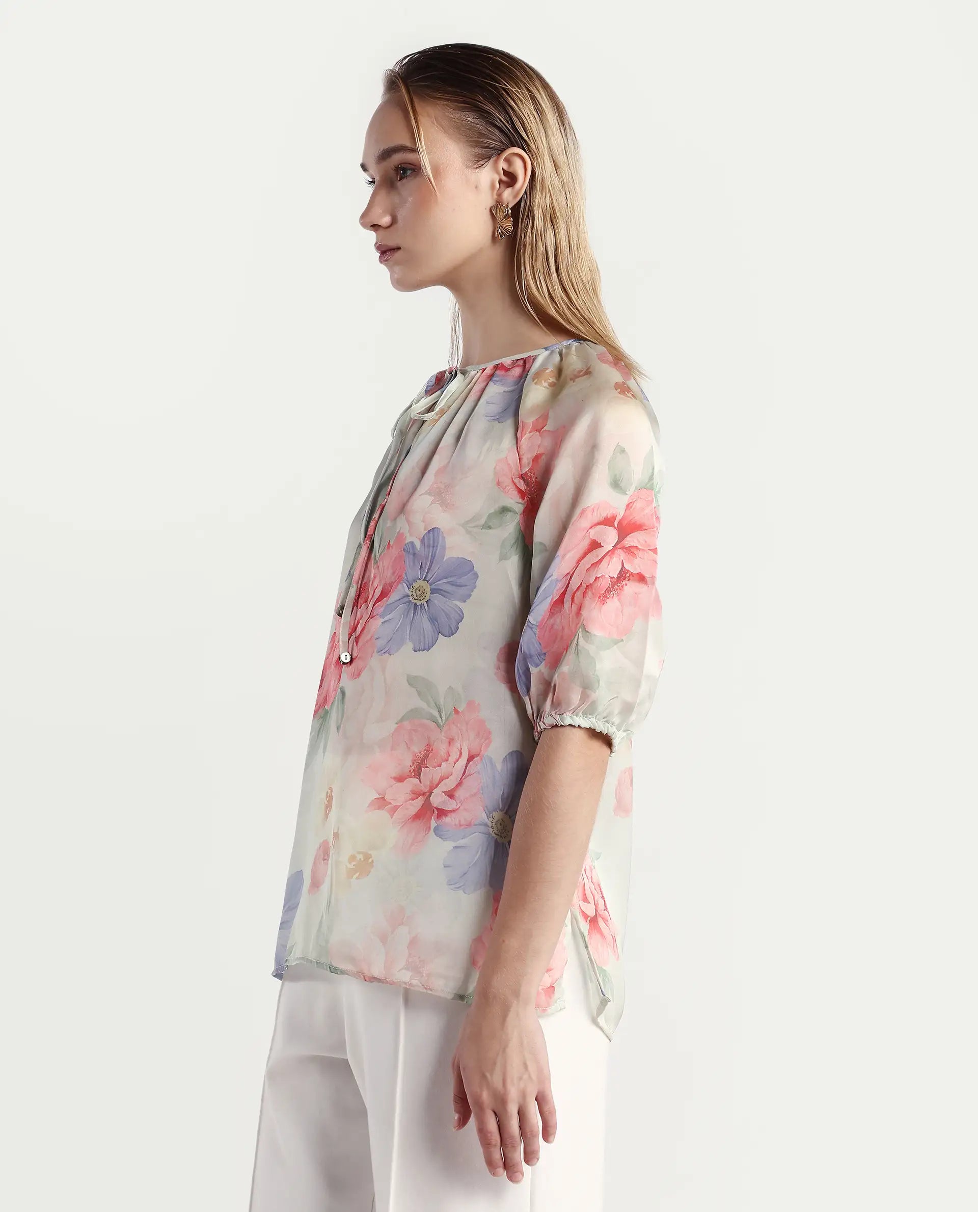 Rareism Women's Tella Light Green Polyester Blend Tie-Up Neck Floral Print Raglan Sleeve Relaxed Fit Top
