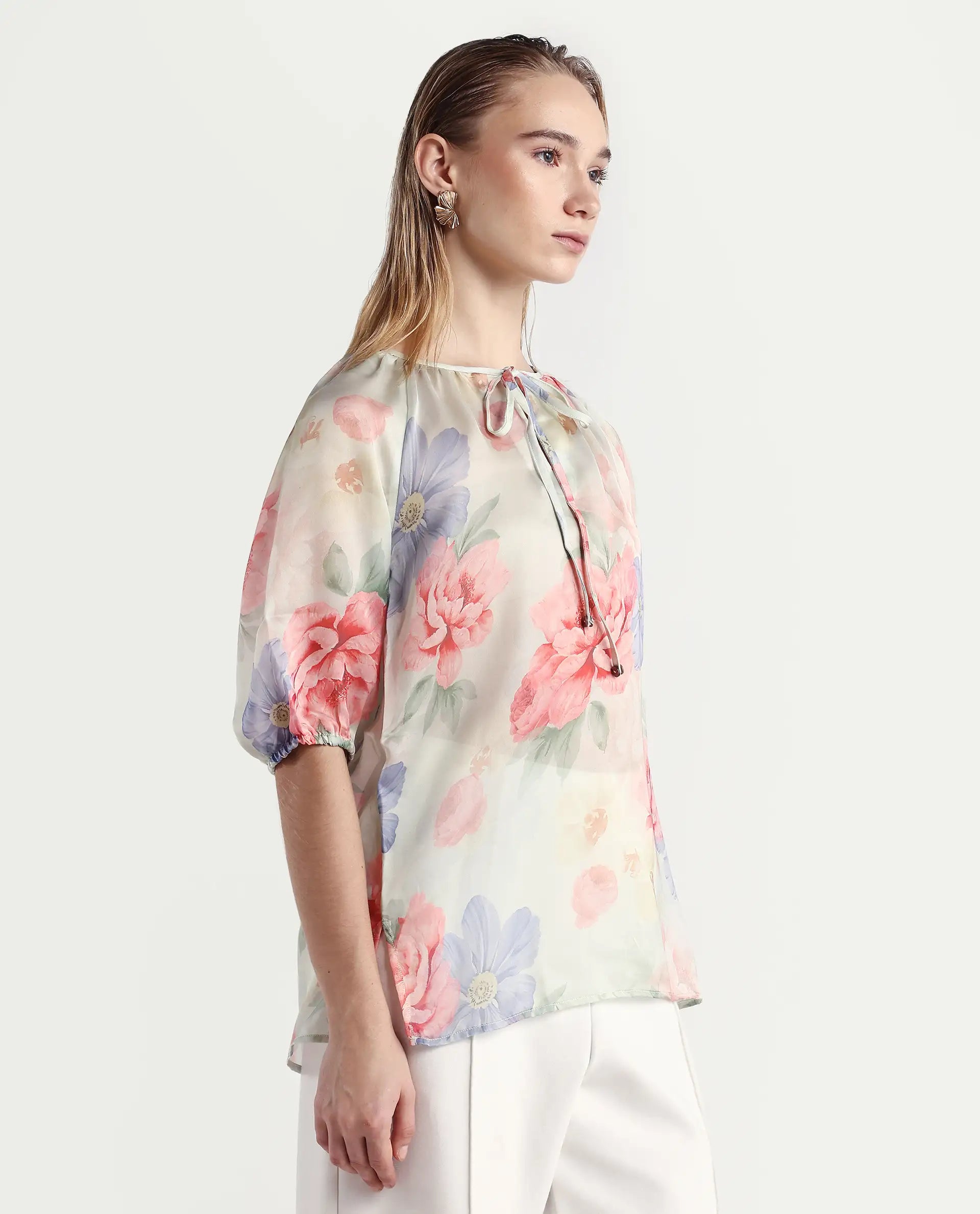 Rareism Women's Tella Light Green Polyester Blend Tie-Up Neck Floral Print Raglan Sleeve Relaxed Fit Top