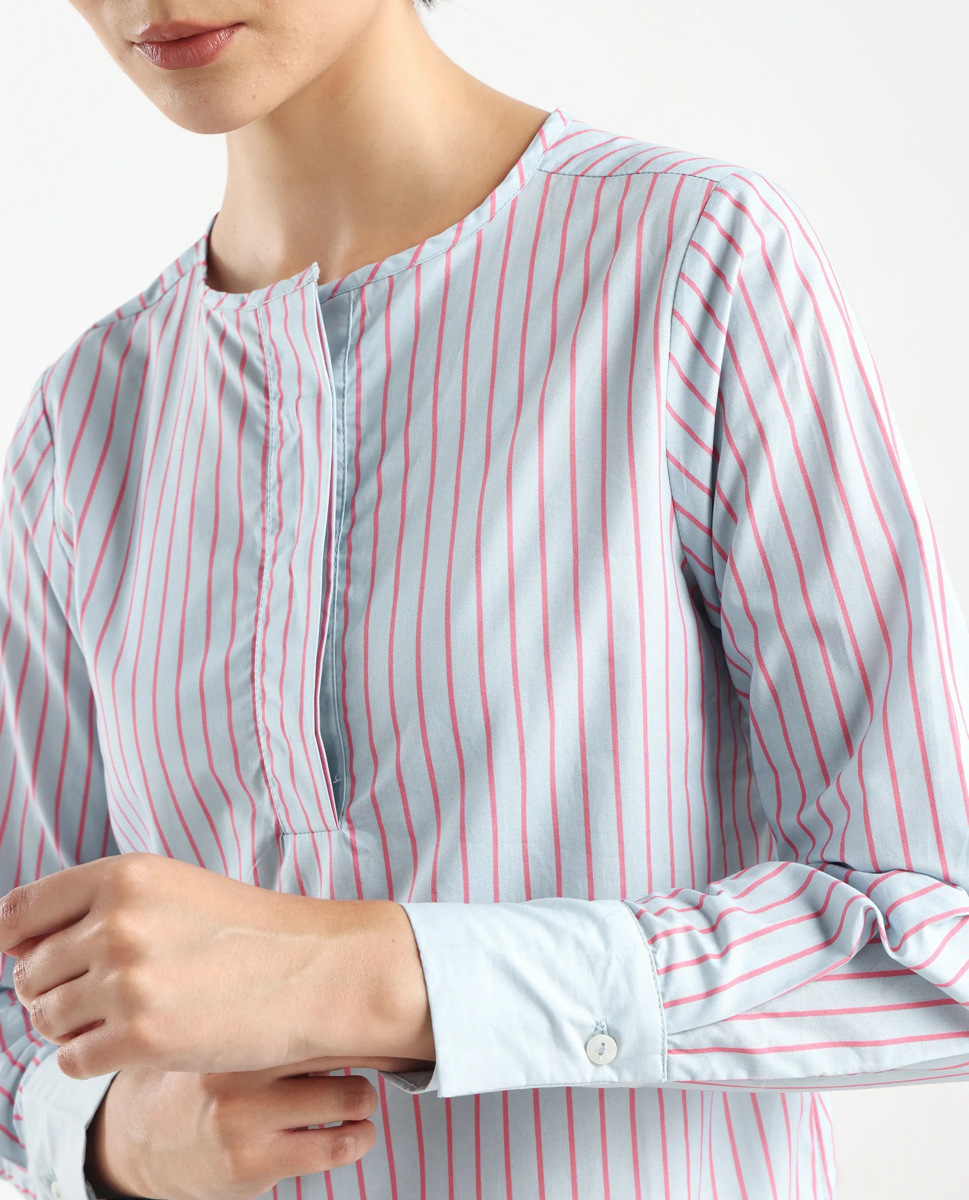 Rareism Women's Telma Blue Cotton Crew Neck Striped Cuffed Sleeve Regular Fit Top