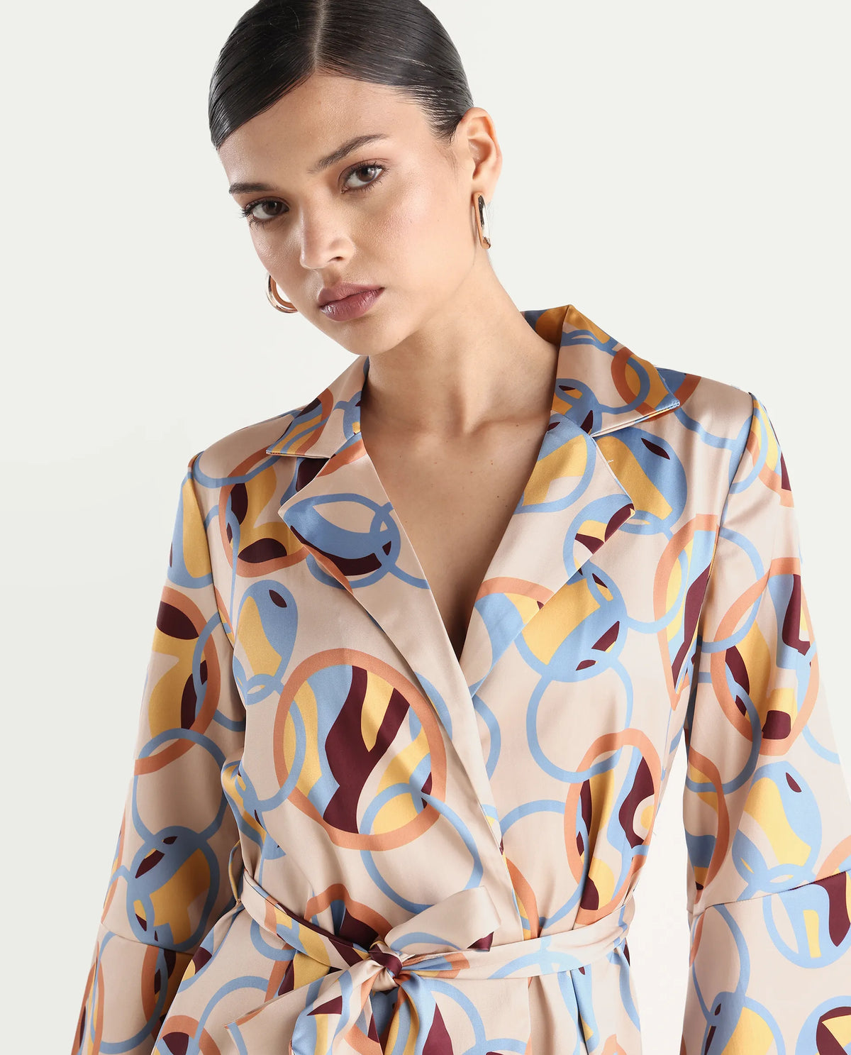 Rareism Women's Tepec Light Multi Satin Lapel Neck Abstract Print Bell Sleeve Mini Regular Fit Dress