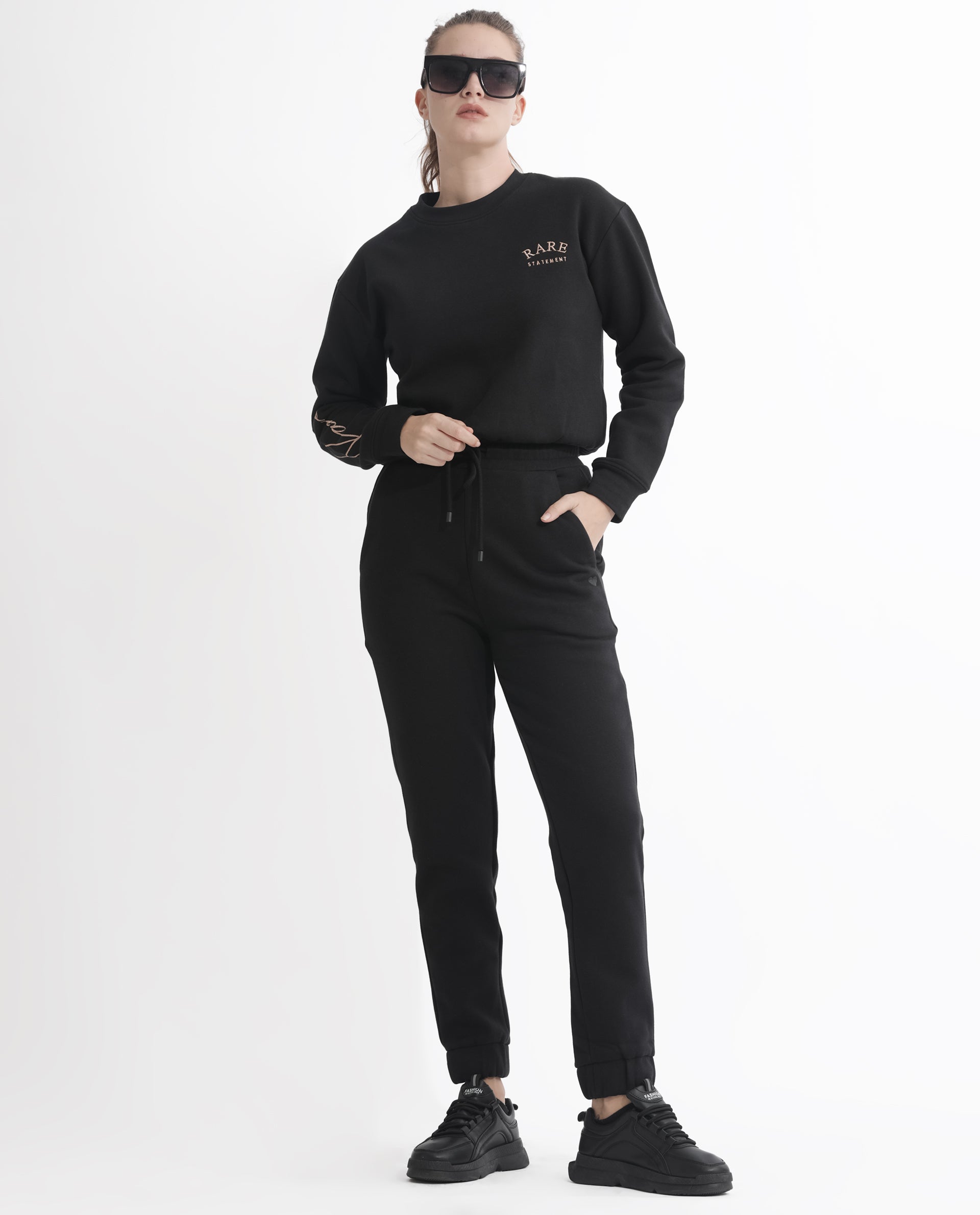 Rareism Women's Terac F Black Polyester Blend Plain Ankle Length Regular Fit Track Pant