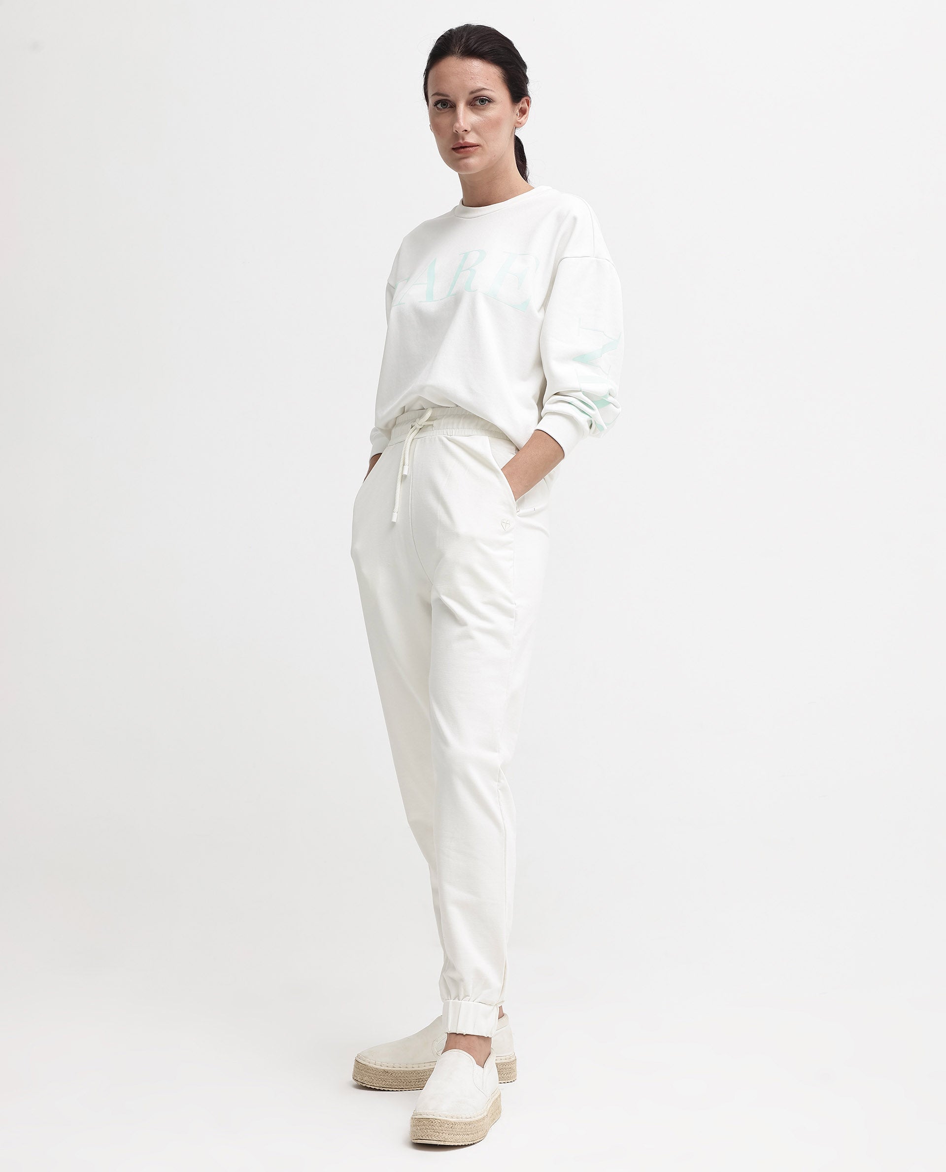 Rareism Women's Terac Off White Polyester Blend Plain Ankle Length Regular Fit Track Pant