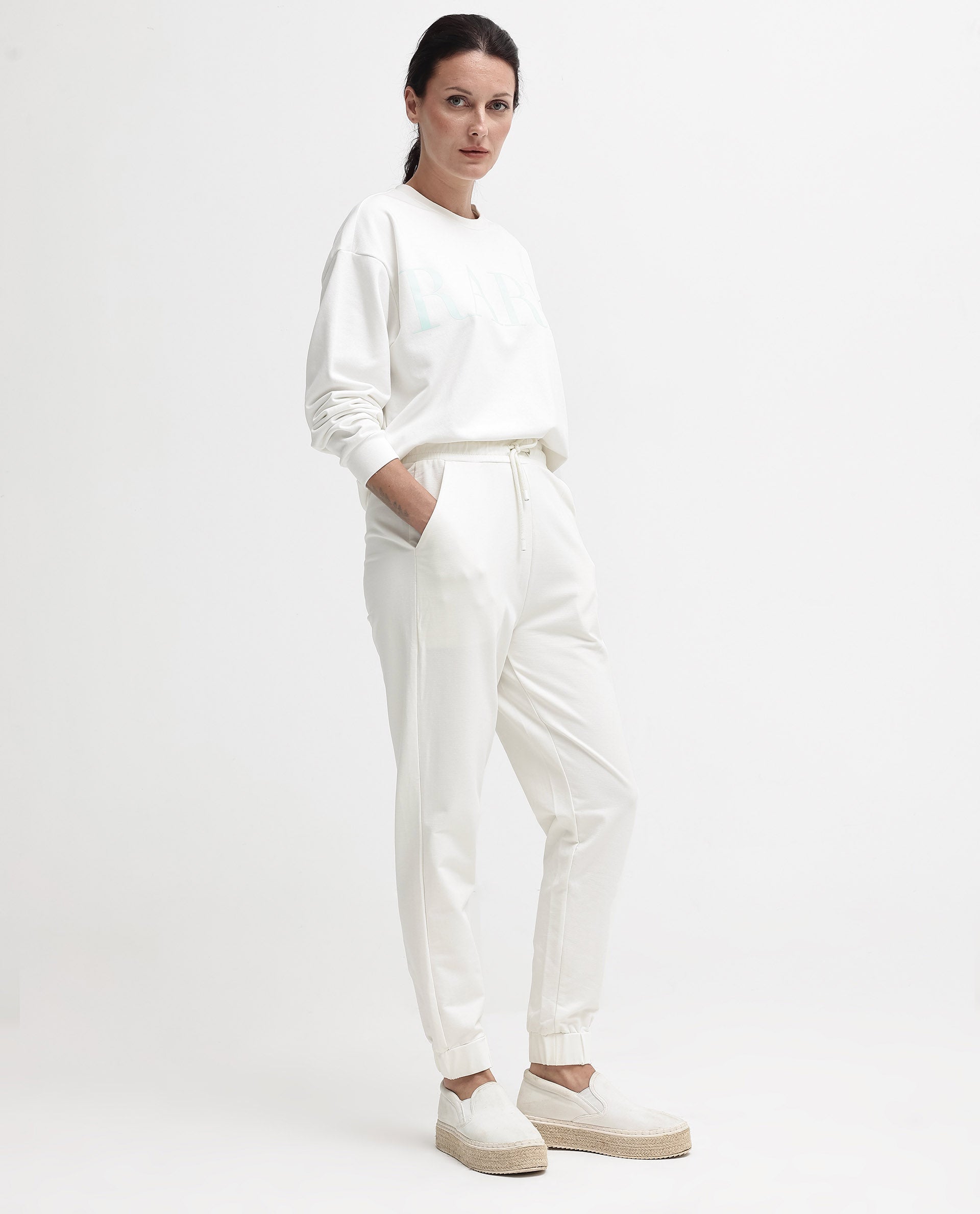 Rareism Women's Terac Off White Polyester Blend Plain Ankle Length Regular Fit Track Pant