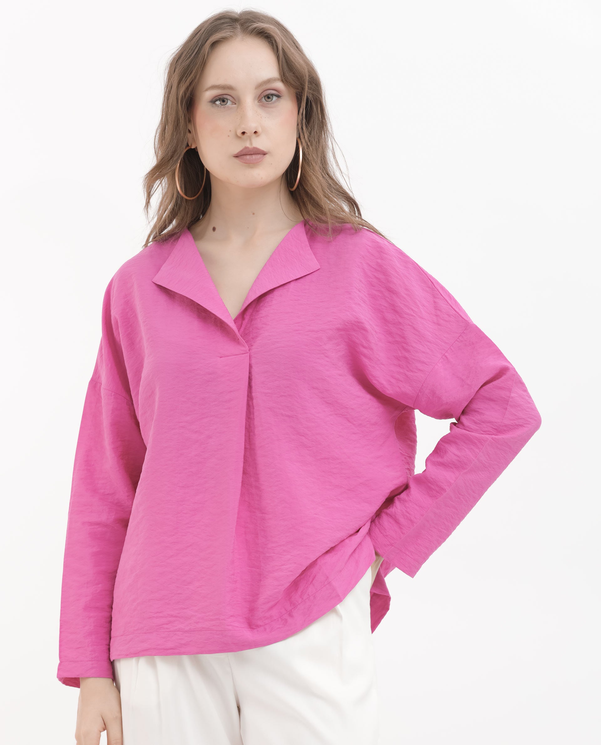 Rareism Women Tesioka Flouroscent Pink Rayon Nylon Fabric Regular Sleeves V-Neck Fit And Flare Solid Top