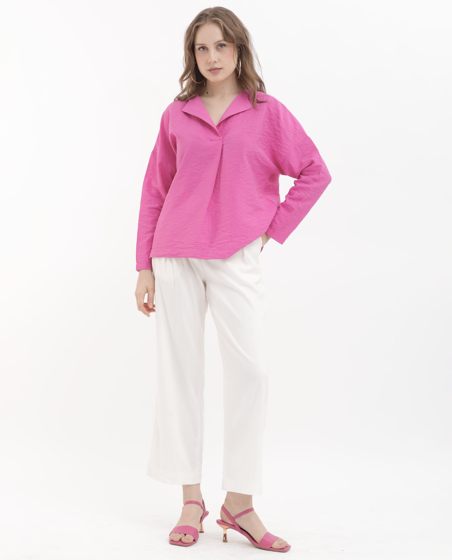 Rareism Women Tesioka Flouroscent Pink Rayon Nylon Fabric Regular Sleeves V-Neck Fit And Flare Solid Top