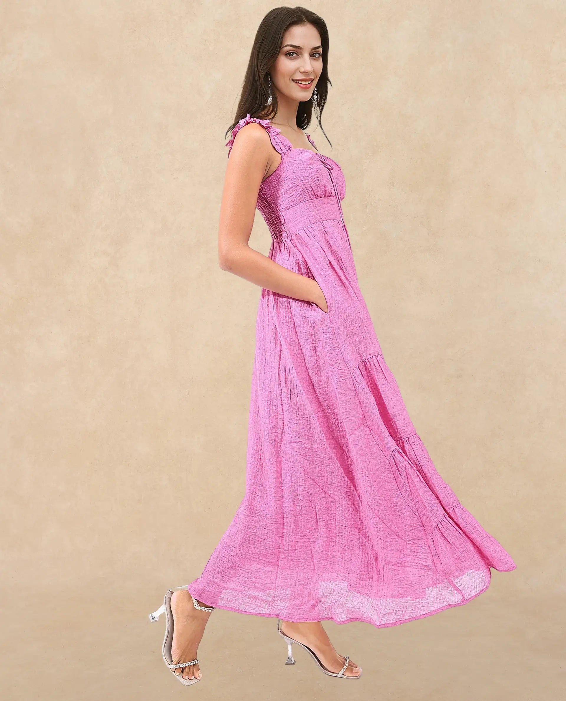 Rareism Women Tesi Flouroscent Pink Rayon Nylon Fabric Noodle Strap Solid Longline Dress