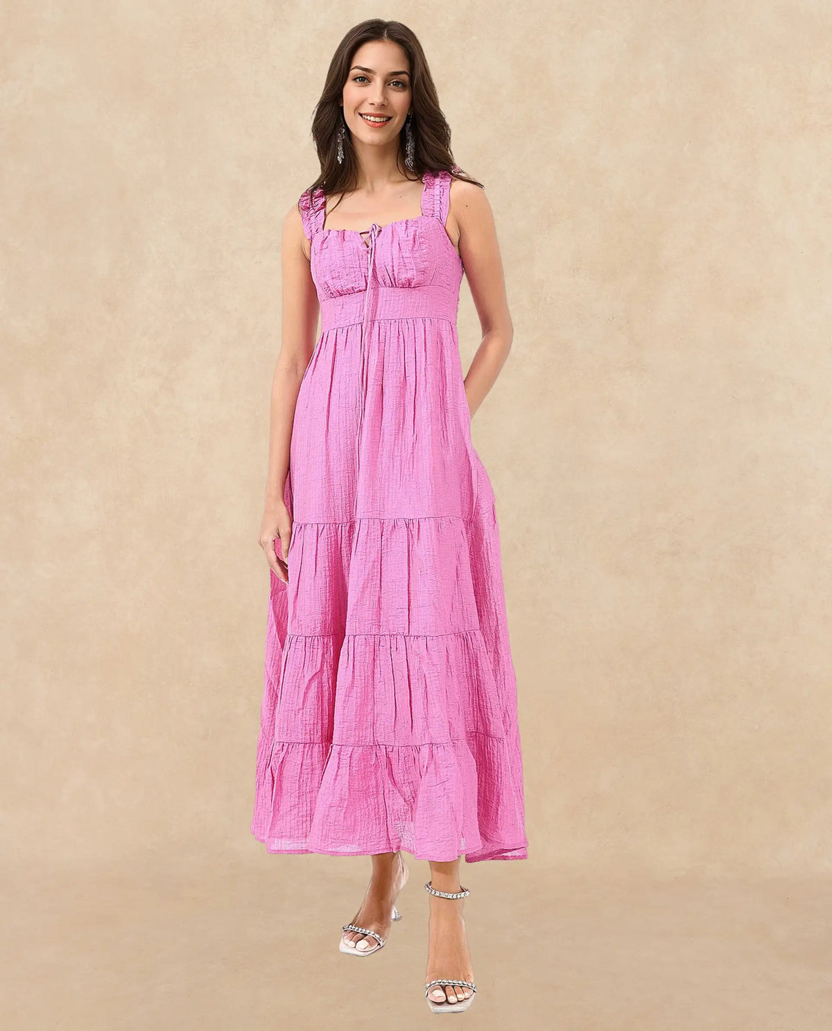 Rareism Women Tesi Flouroscent Pink Rayon Nylon Fabric Noodle Strap Solid Longline Dress