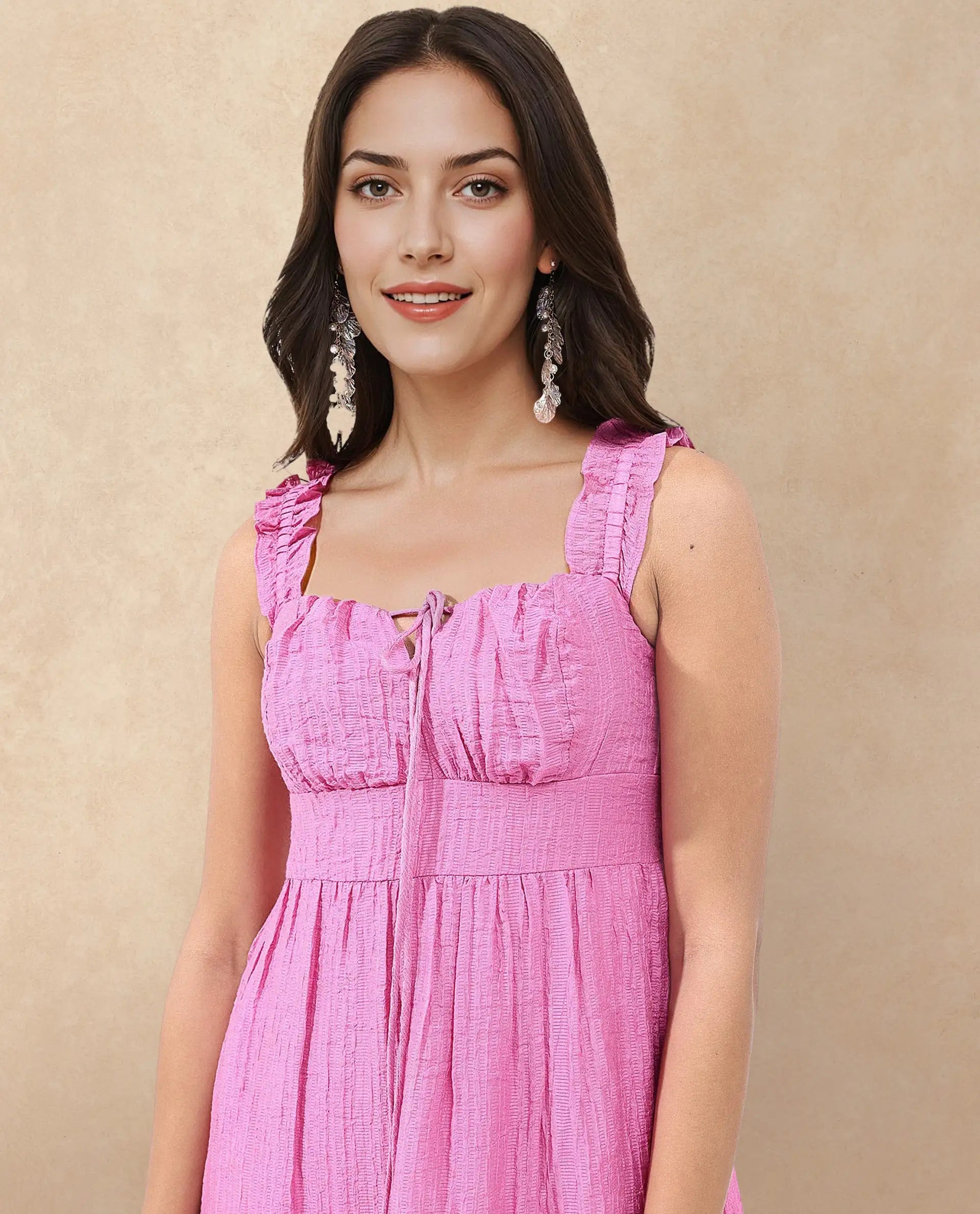 Rareism Women's Tesi Flouroscent Pink Rayon Square Neck Plain Shoulder Strap Midi Fit And Flare Dress