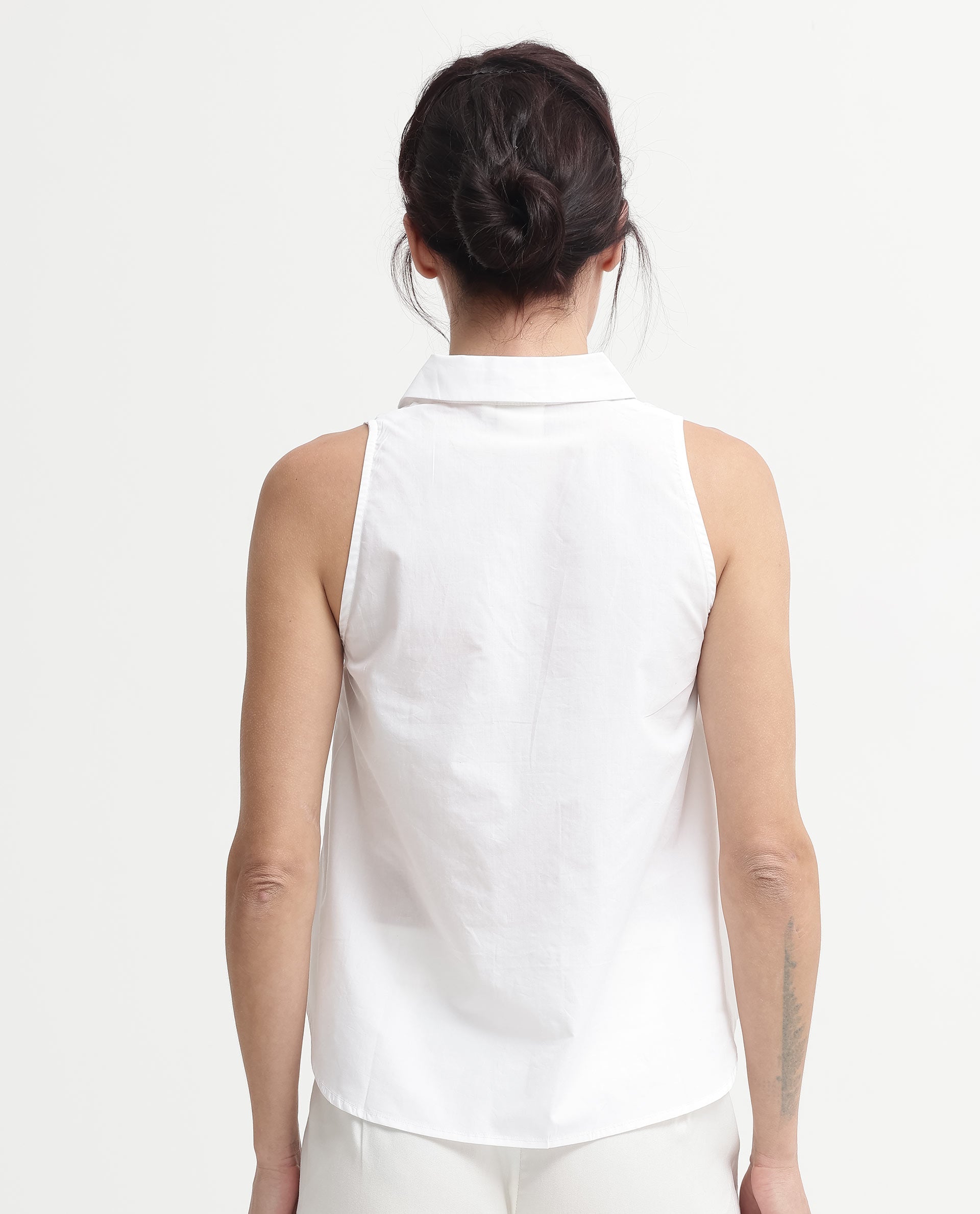 Rareism Women's Thebe White Cotton Drop Collar Plain Sleeveless Relaxed Fit Top