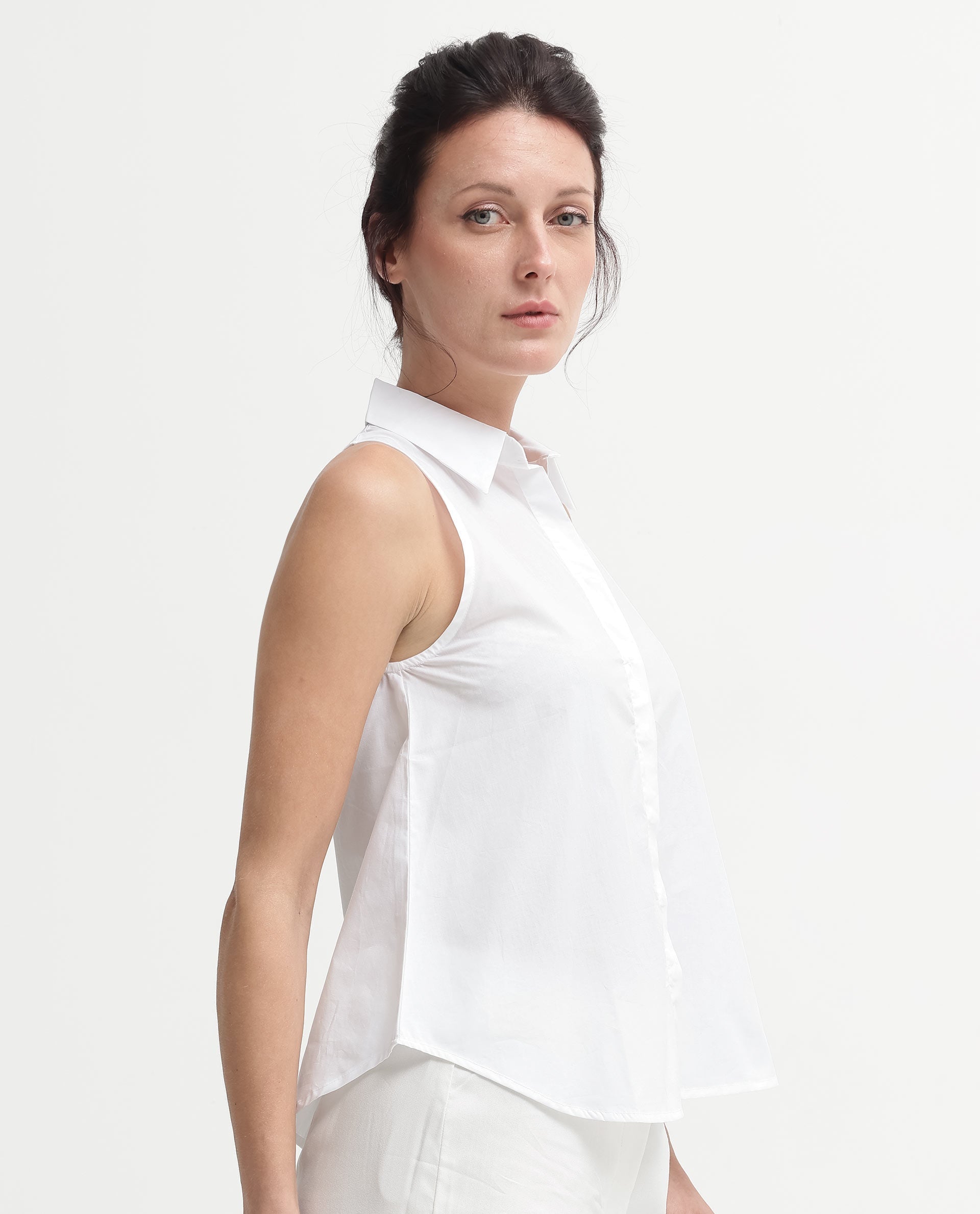 Rareism Women's Thebe White Cotton Drop Collar Plain Sleeveless Relaxed Fit Top