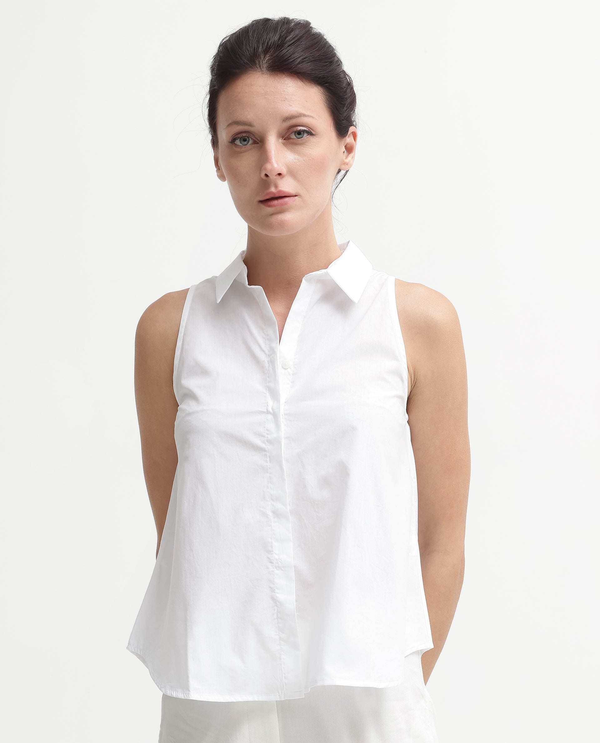 Rareism Women's Thebe White Cotton Drop Collar Plain Sleeveless Relaxed Fit Top