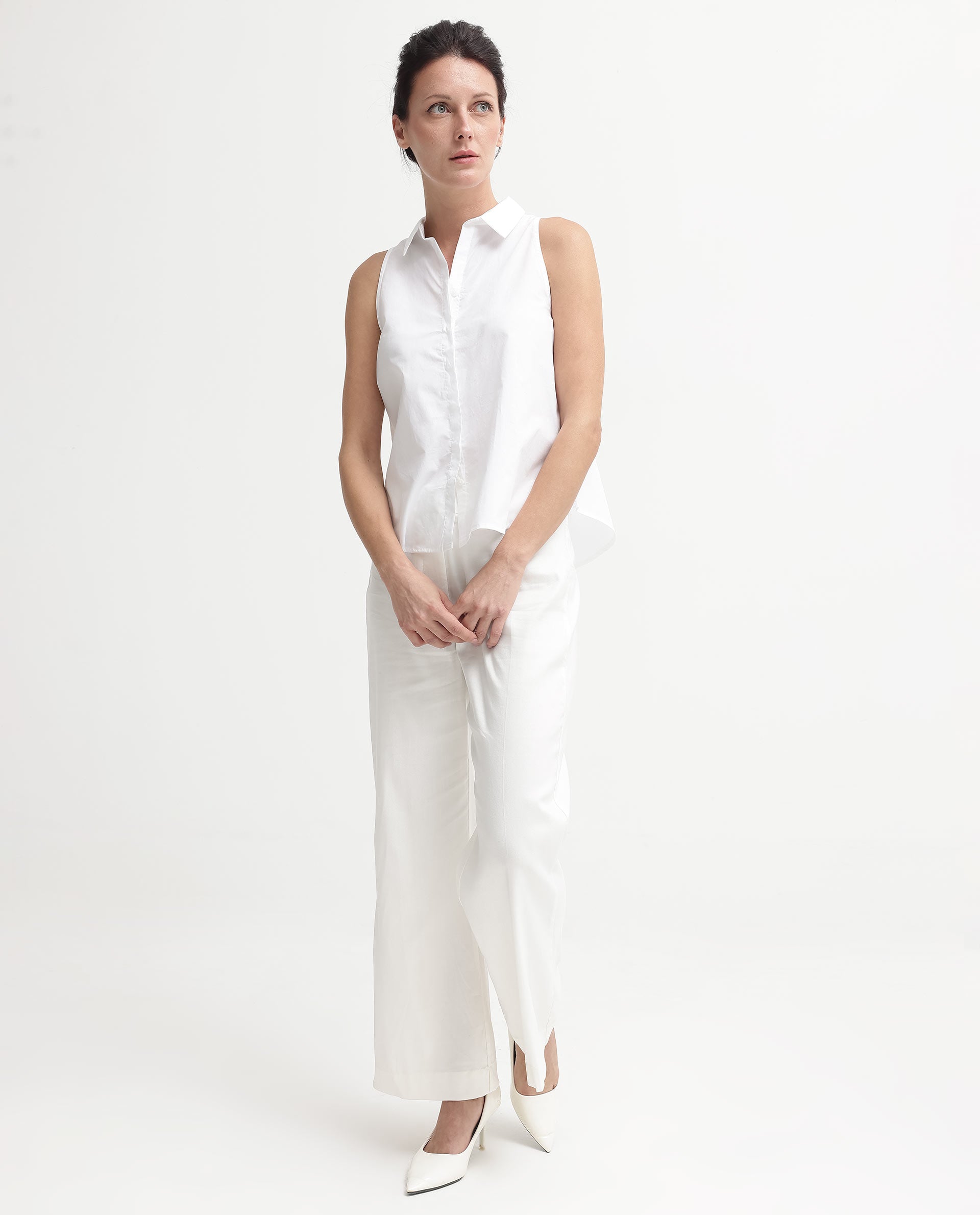 Rareism Women's Thebe White Cotton Drop Collar Plain Sleeveless Relaxed Fit Top
