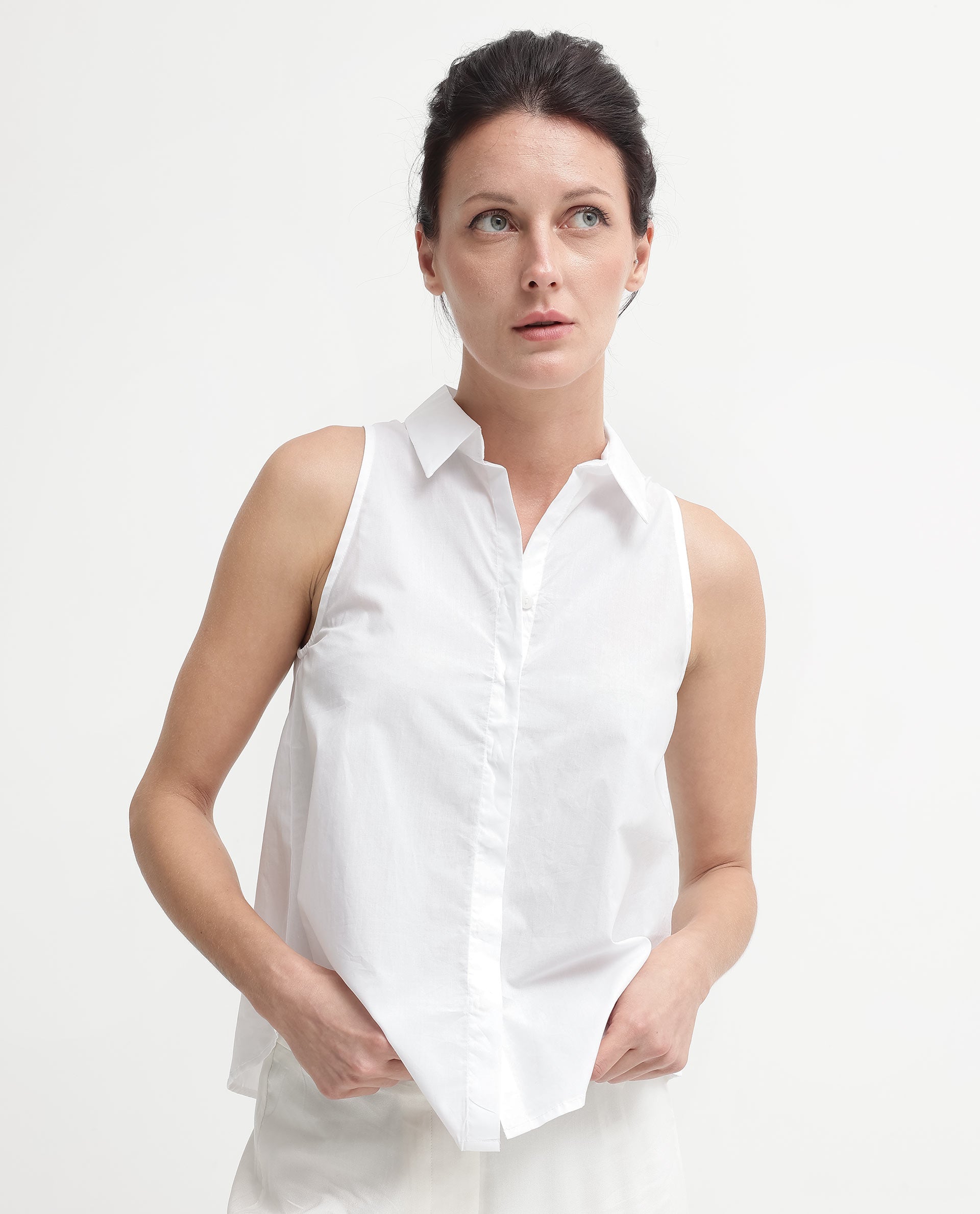 Rareism Women's Thebe White Cotton Drop Collar Plain Sleeveless Relaxed Fit Top