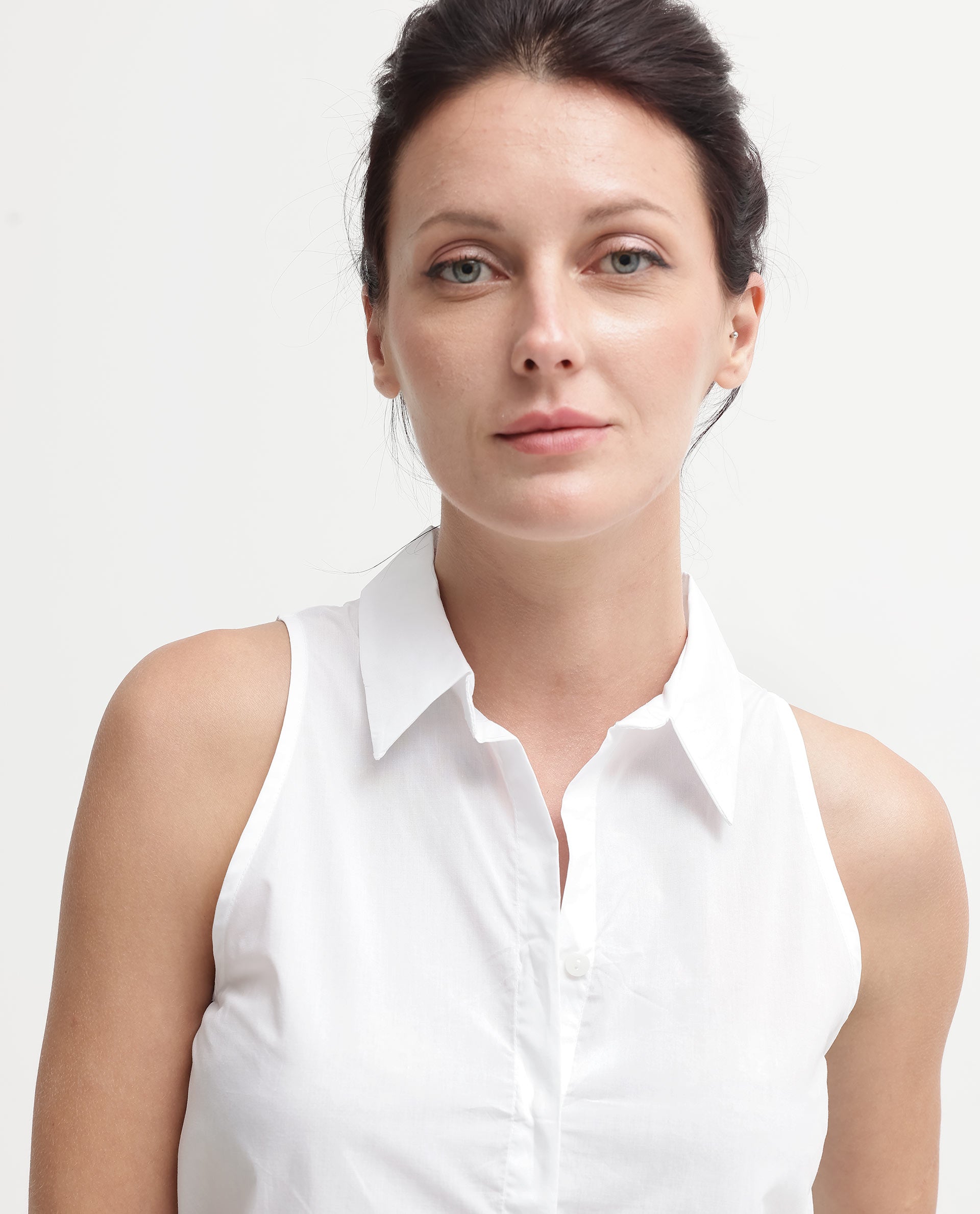 Rareism Women's Thebe White Cotton Drop Collar Plain Sleeveless Relaxed Fit Top