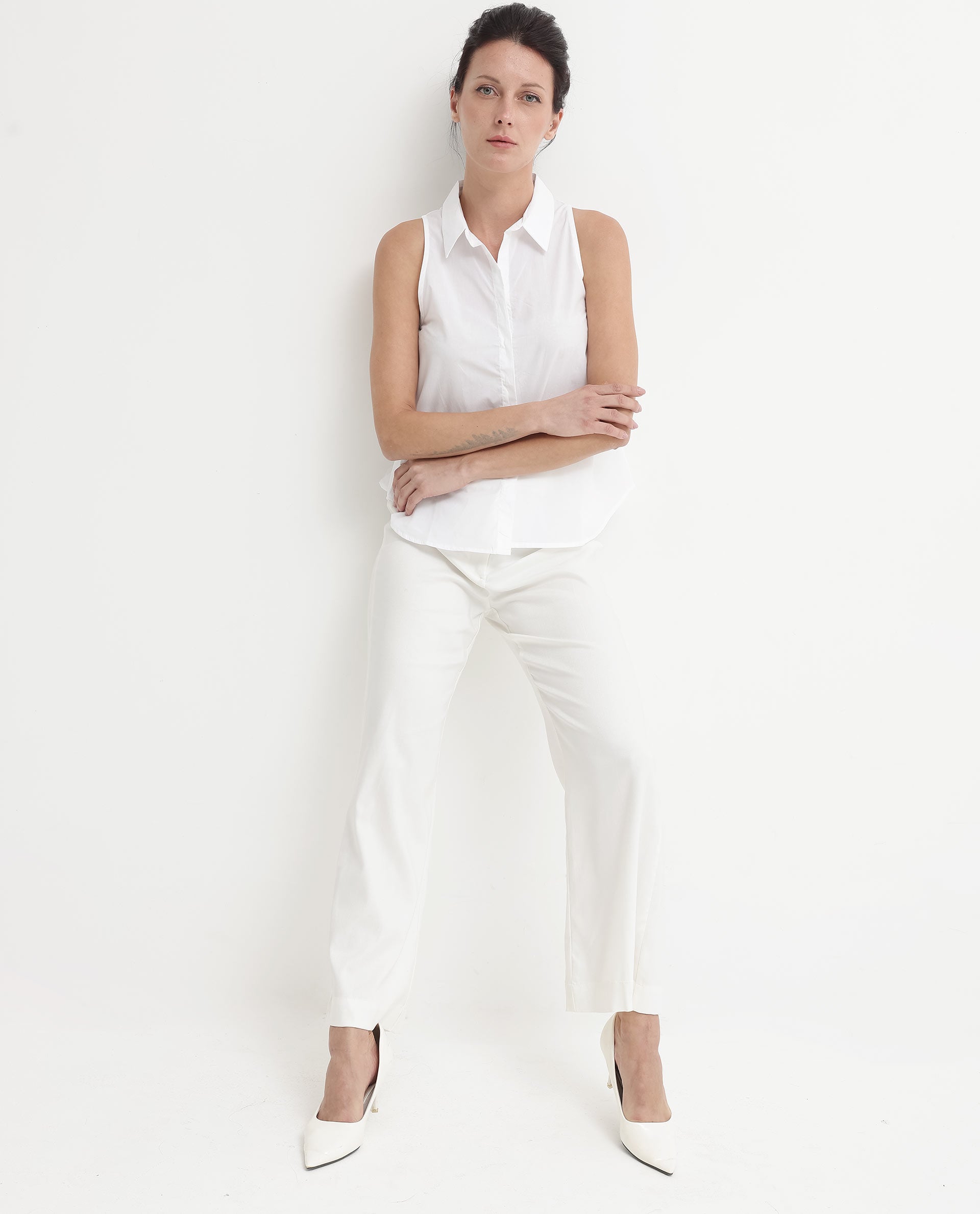 Rareism Women's Thebe White Cotton Drop Collar Plain Sleeveless Relaxed Fit Top