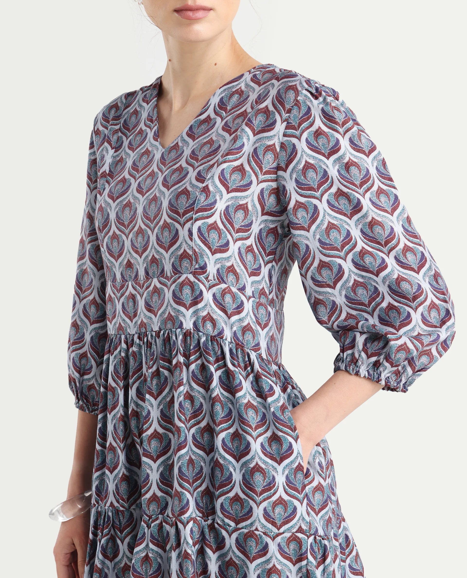 Rareism Women's Thecon Blue Polyester V-Neck Abstract Print Bishop Sleeve Mini Fit And Flare Dress