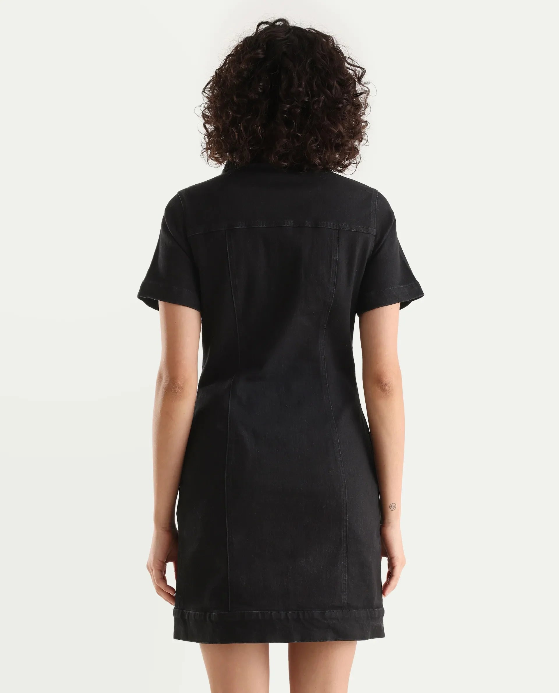 Rareism Women's Thio Black Cotton Blend Spread Collar Plain Knee Length Fitted Dress