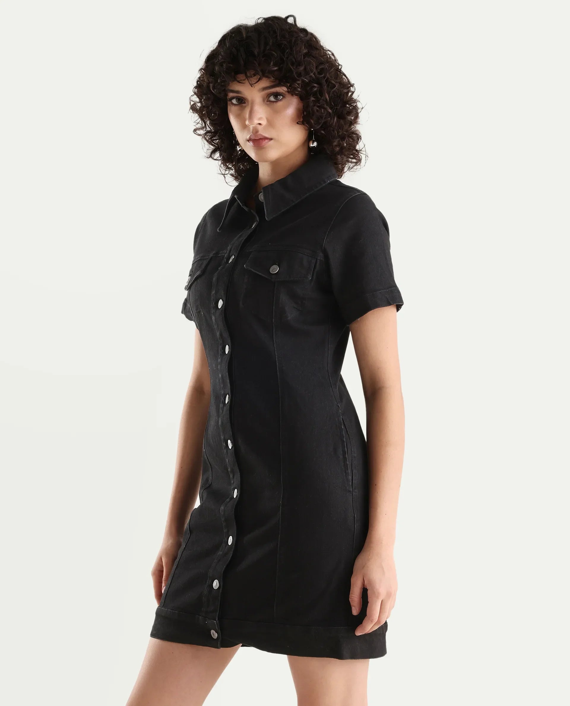 Rareism Women's Thio Black Cotton Blend Spread Collar Plain Knee Length Fitted Dress