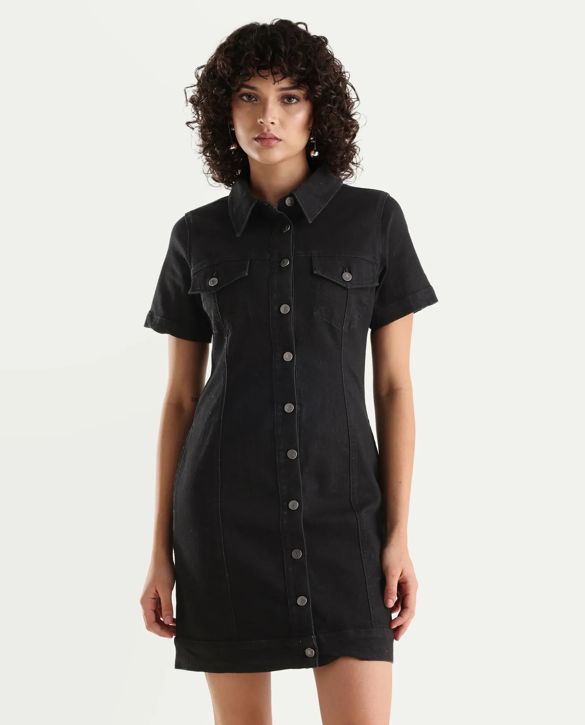 Rareism Women's Thio Black Cotton Blend Spread Collar Plain Knee Length Fitted Dress