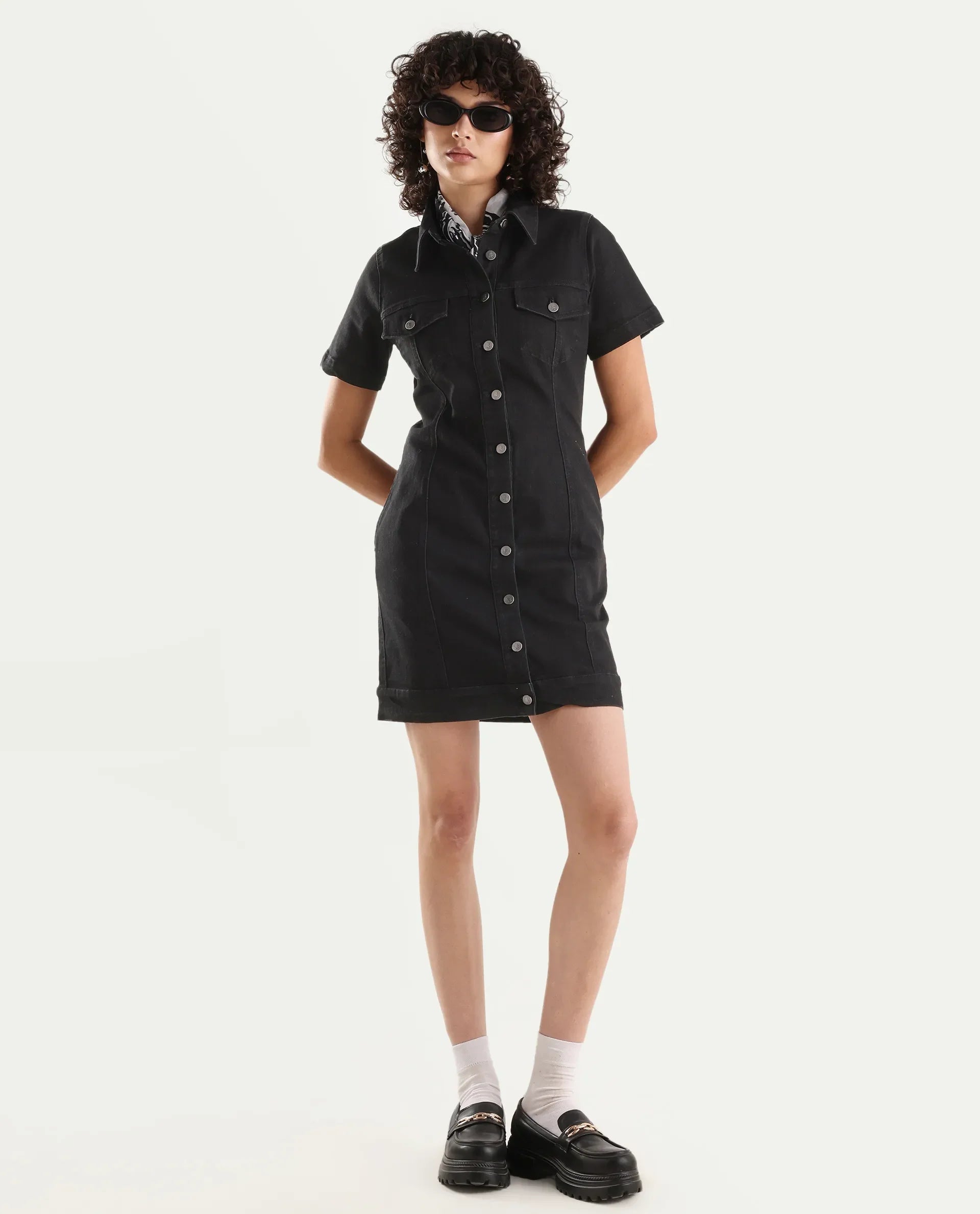 Rareism Women's Thio Black Cotton Blend Spread Collar Plain Knee Length Fitted Dress