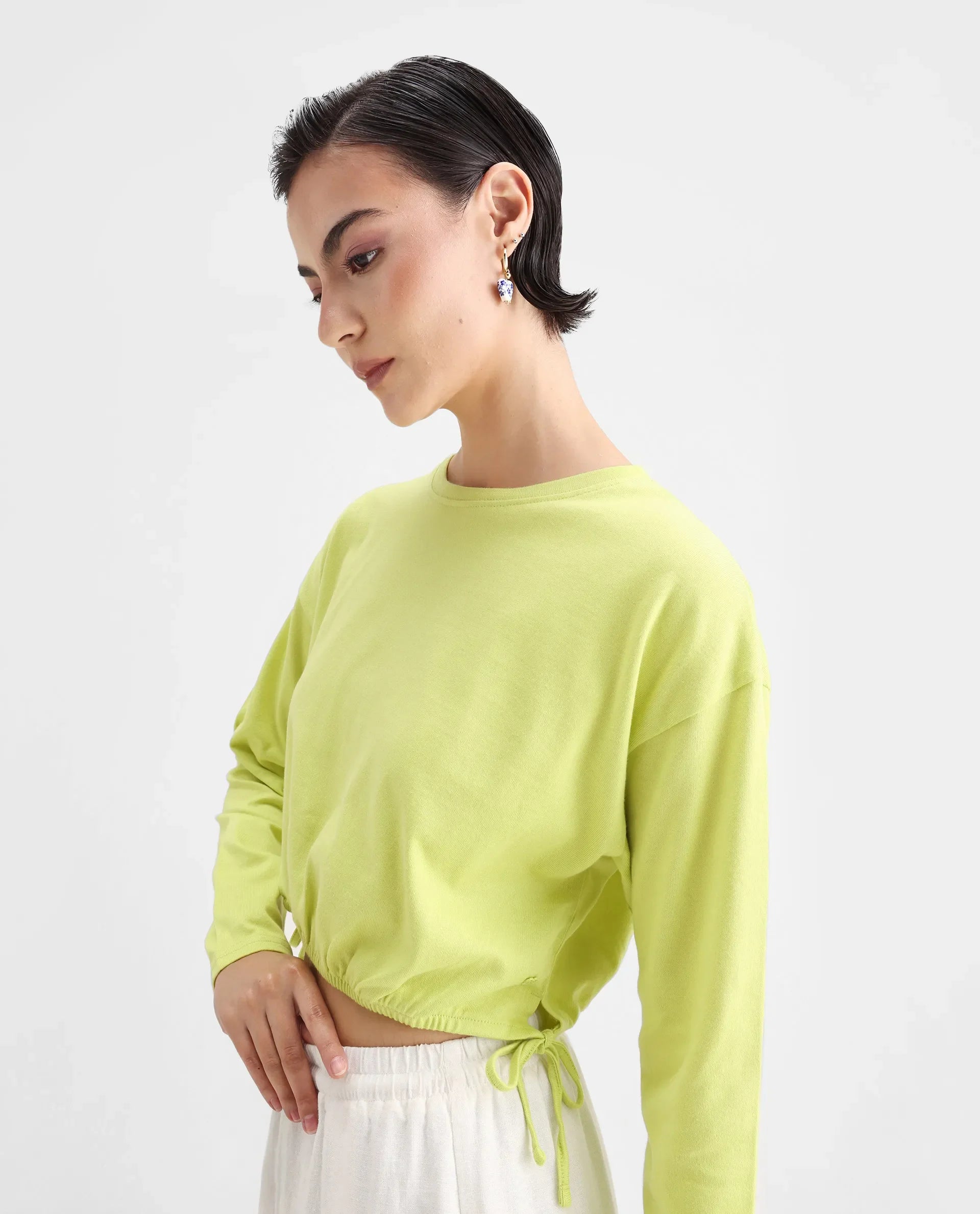 Rareism Women's Thistle Flouroscent Green Cotton Crew Neck Plain Crop Regular Fit Top