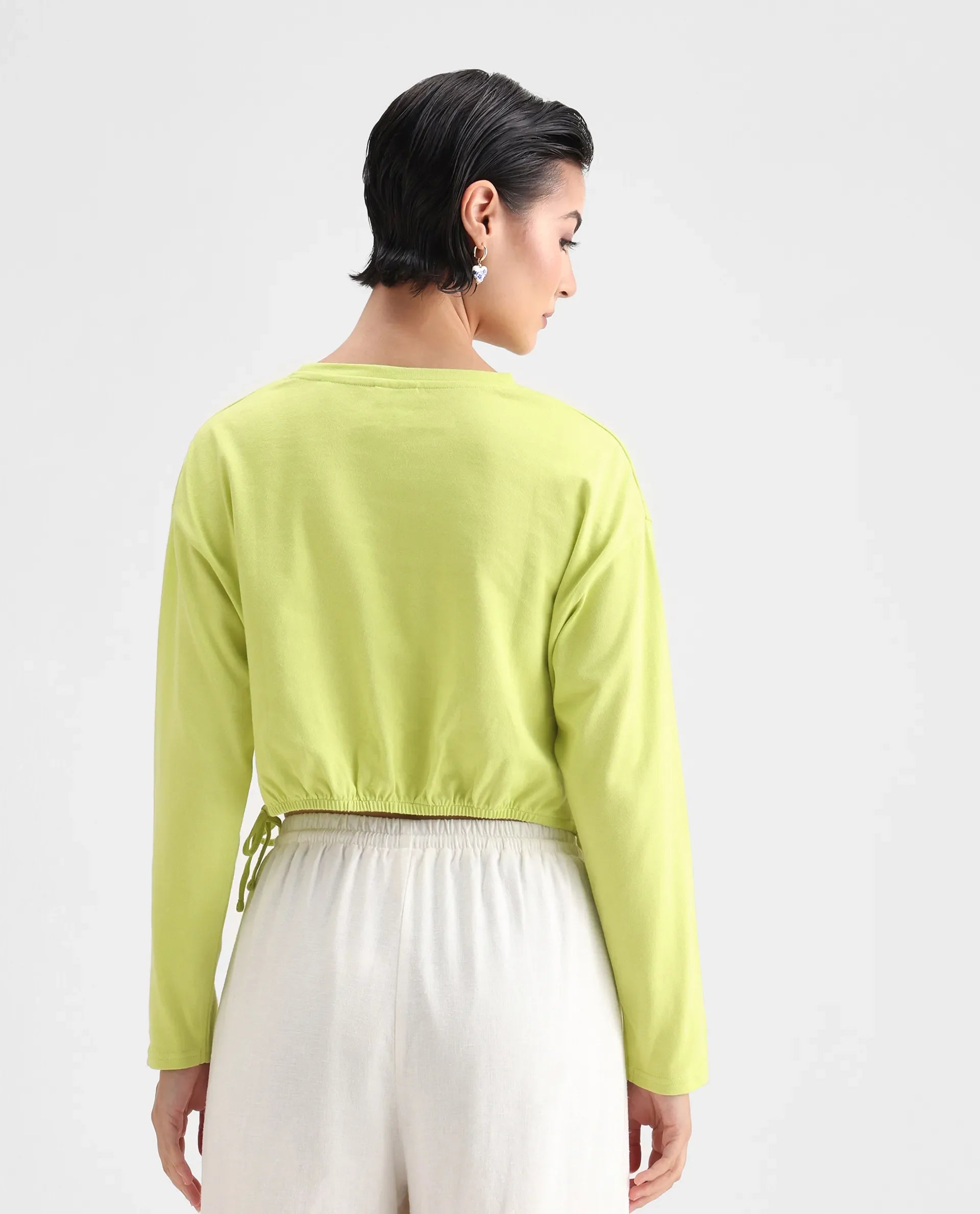 Rareism Women's Thistle Flouroscent Green Cotton Crew Neck Plain Crop Regular Fit Top