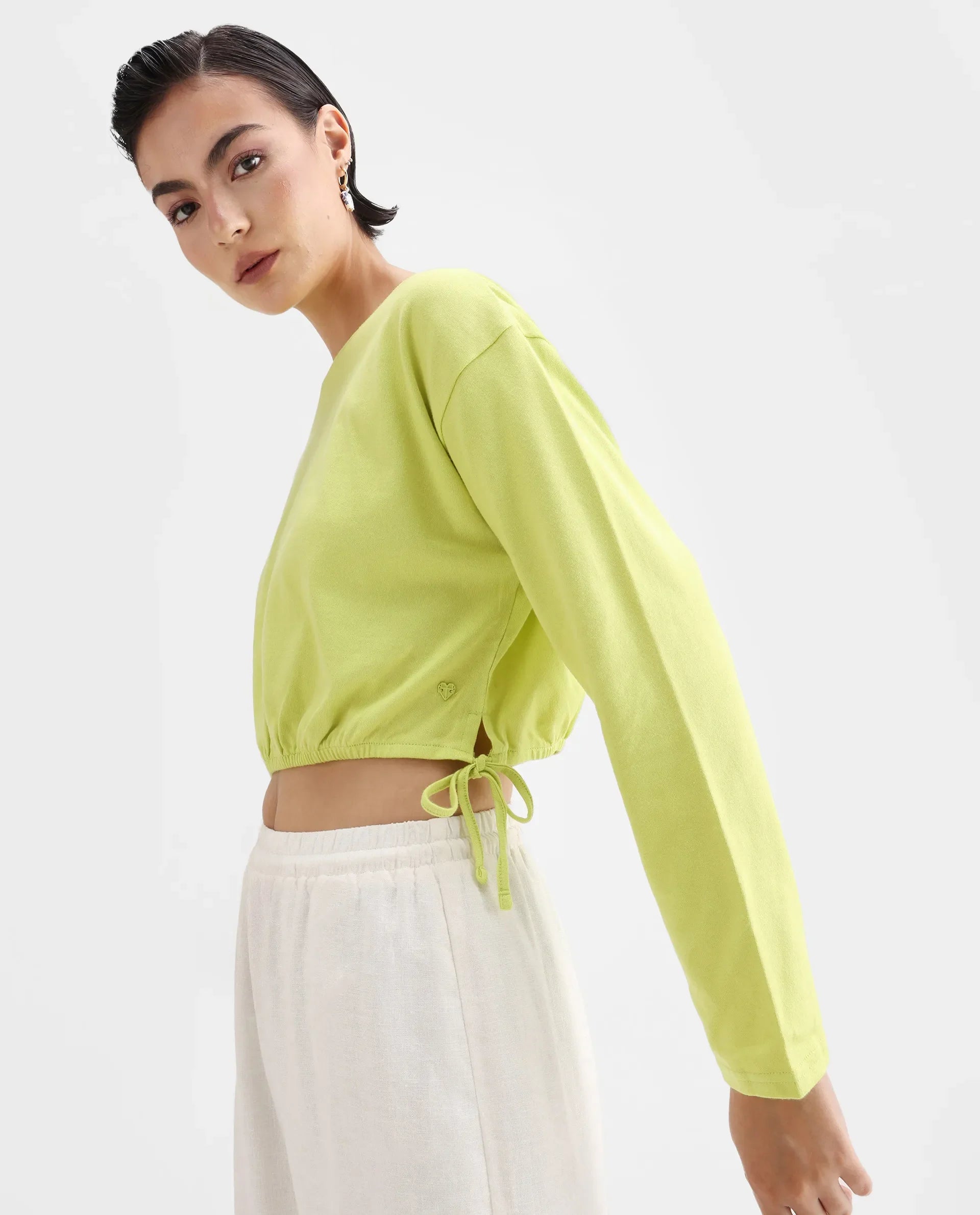 Rareism Women's Thistle Flouroscent Green Cotton Crew Neck Plain Crop Regular Fit Top