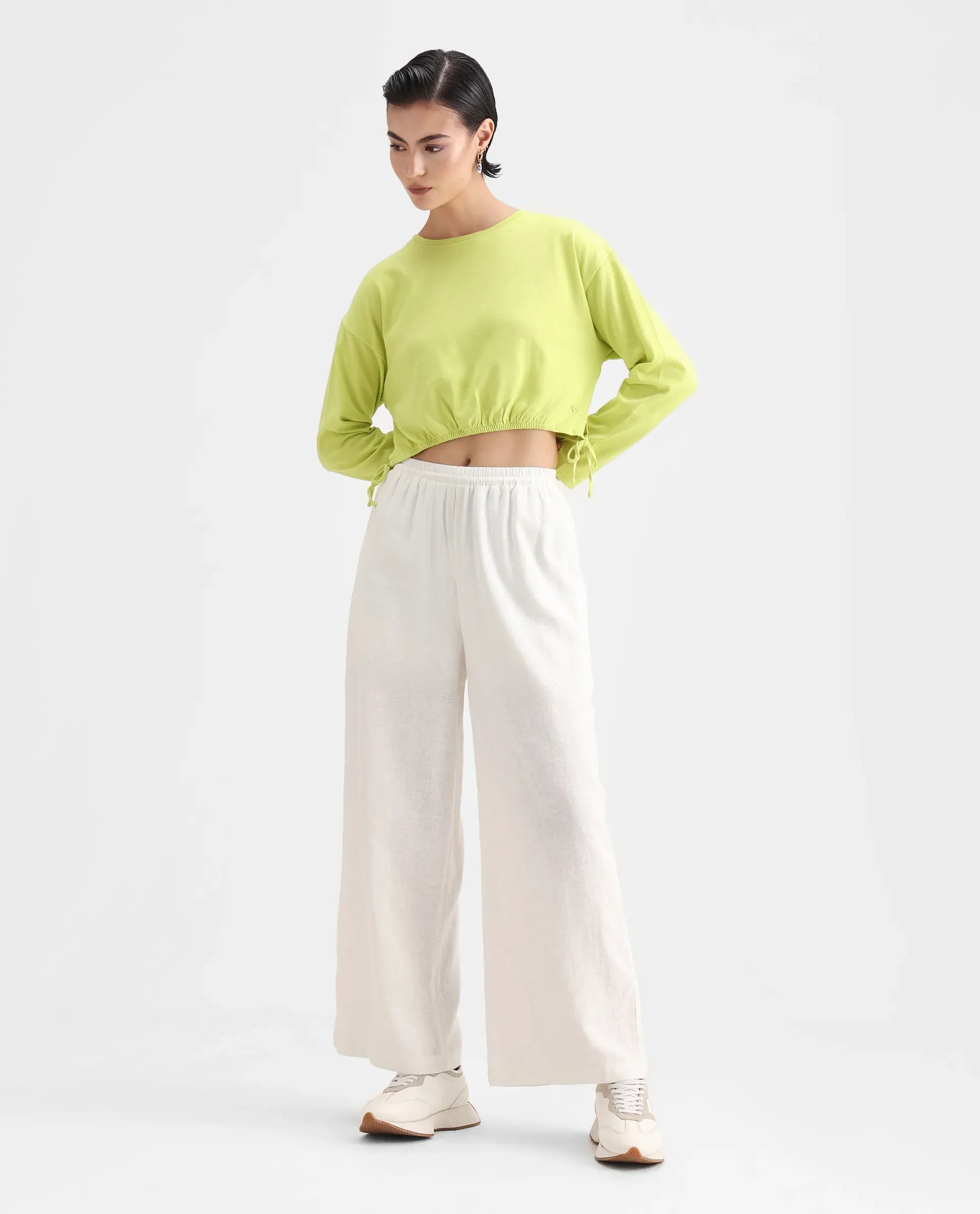Rareism Women's Thistle Flouroscent Green Cotton Crew Neck Plain Crop Regular Fit Top