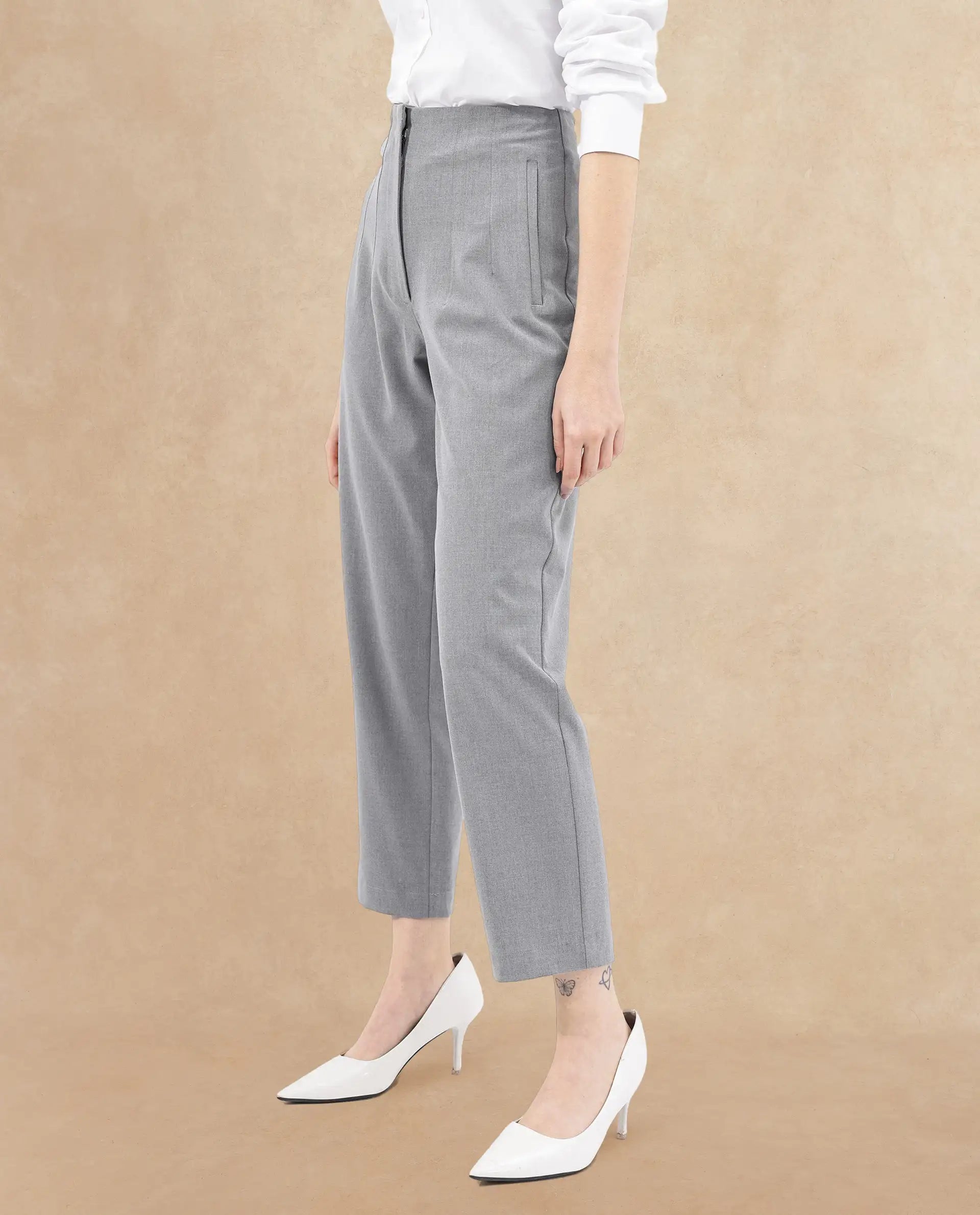 Rareism Women's Thompson Grey Cotton Plain Ankle Length Tapered Trouser