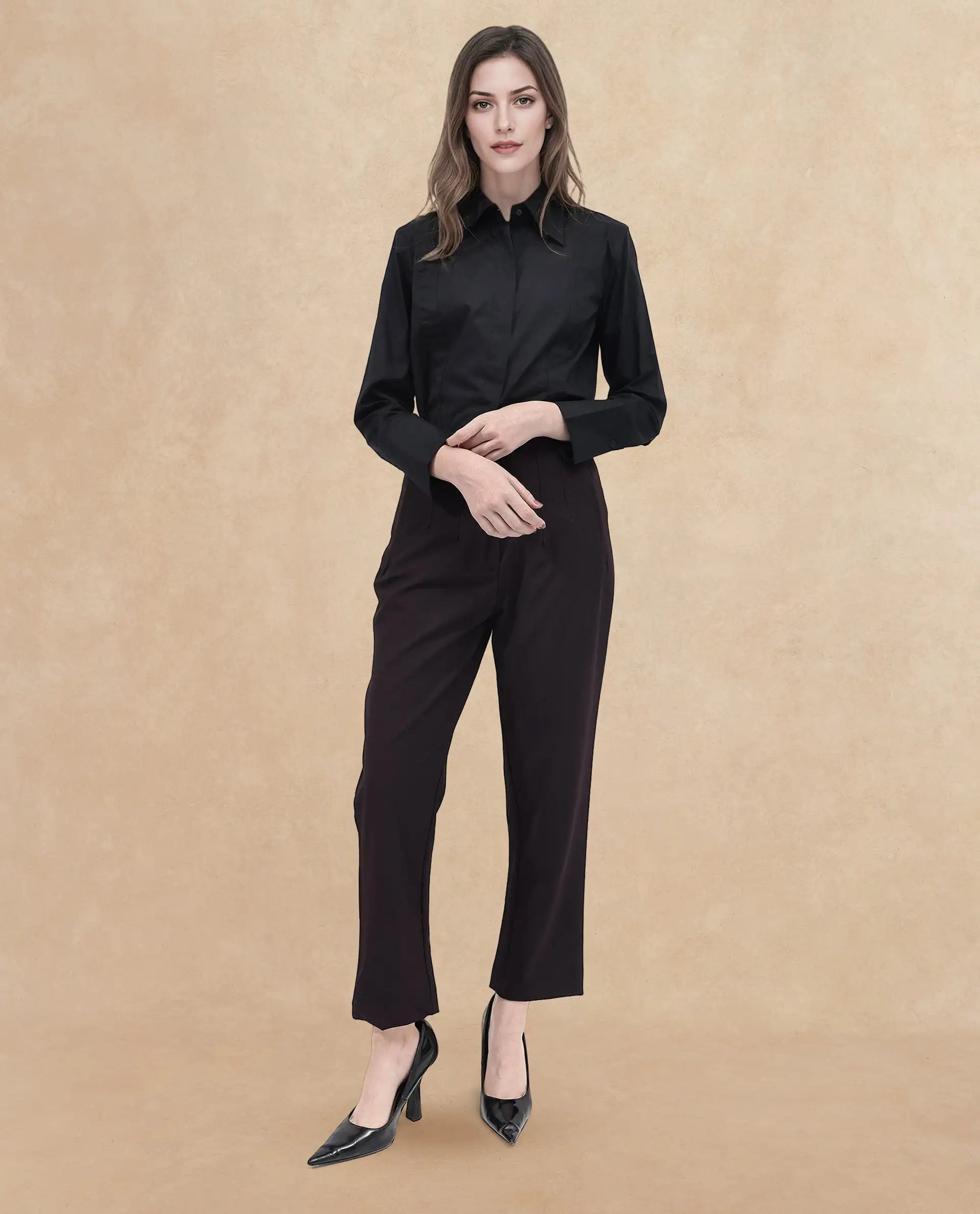 Rareism Women Thompson Maroon Cotton Fabric Trouser