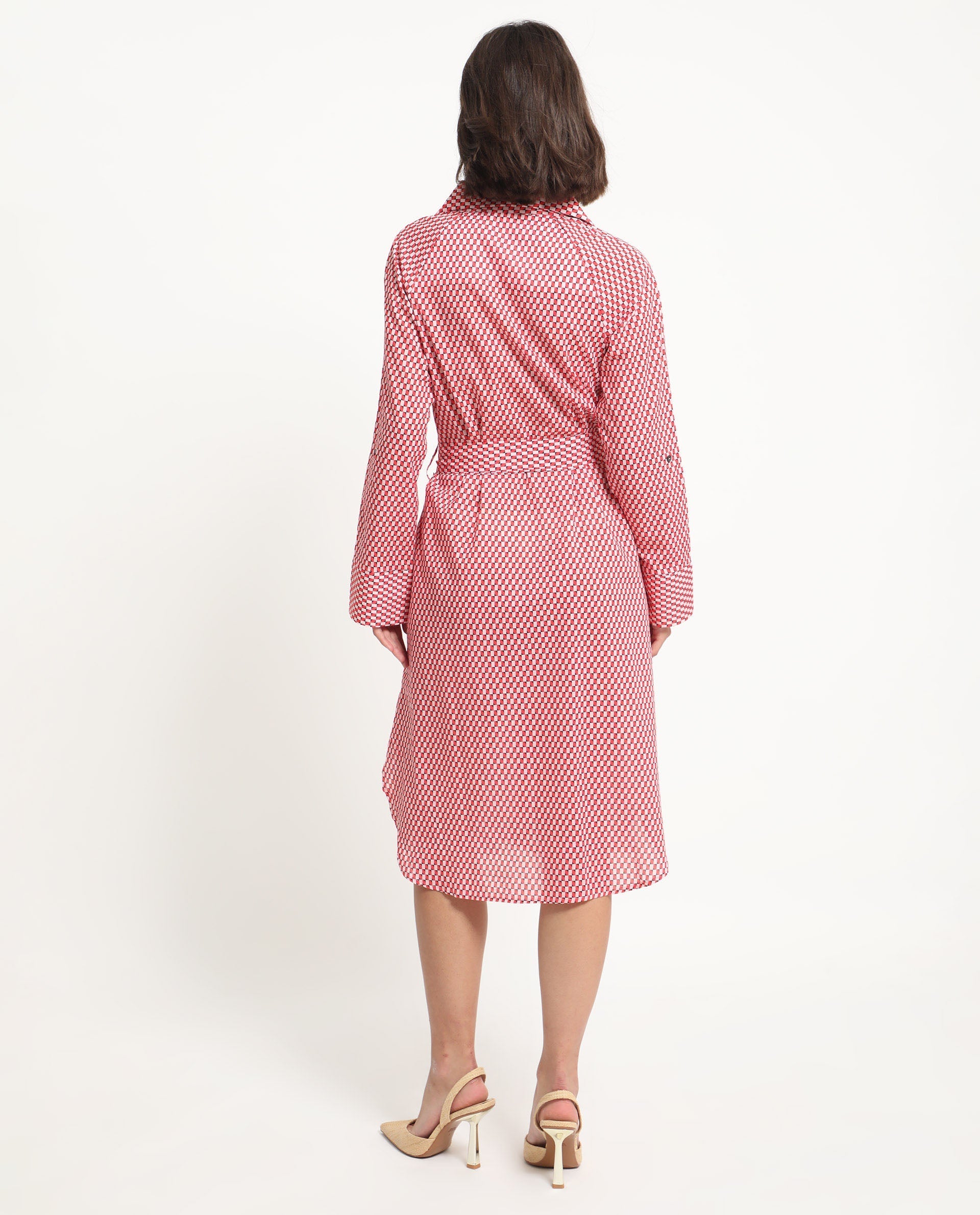 Rareism Women's Thomson Red Cotton Spread Collar Checked Cuffed Sleeve Midi Fit And Flare Dress