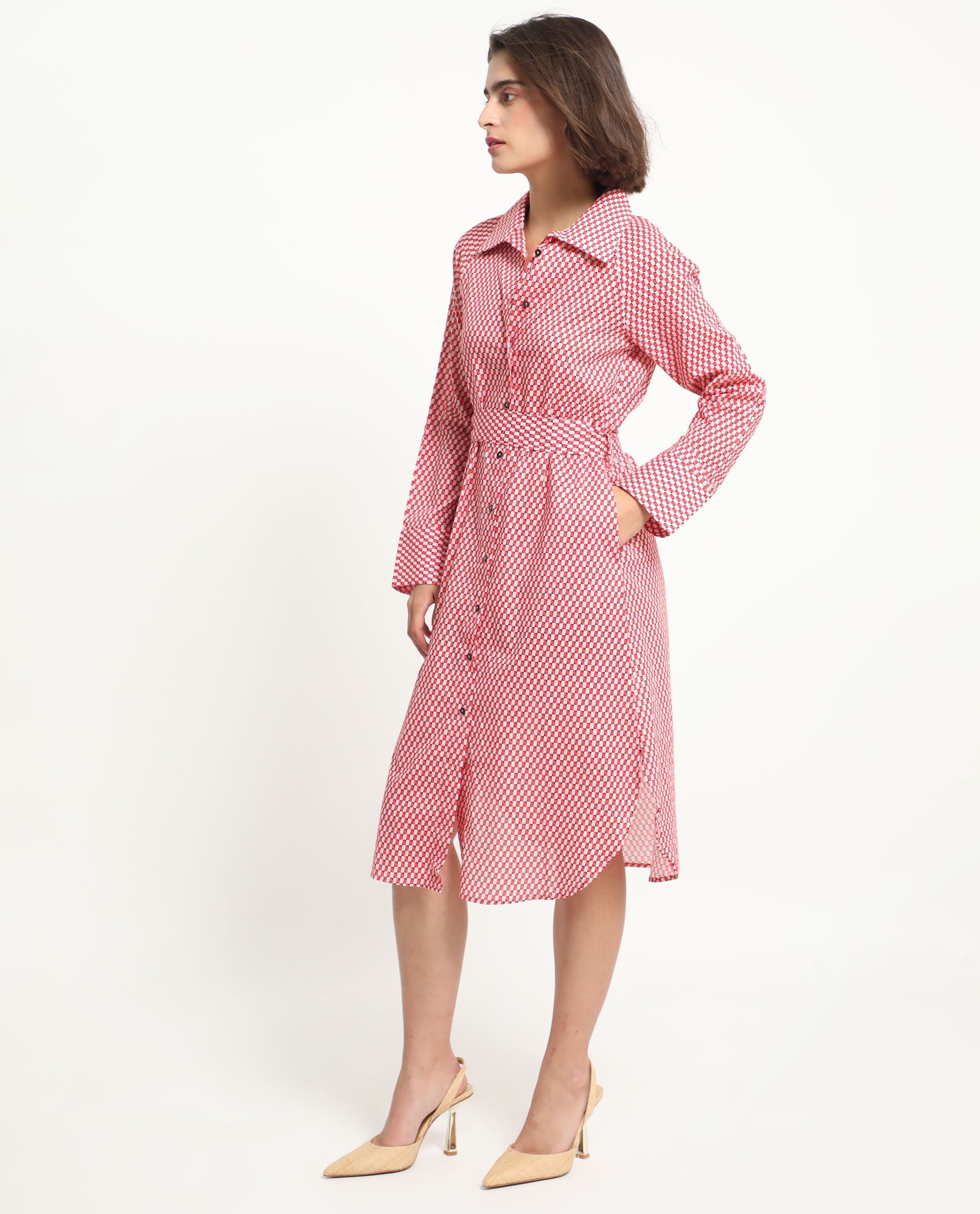 Rareism Women's Thomson Red Cotton Spread Collar Checked Cuffed Sleeve Midi Fit And Flare Dress
