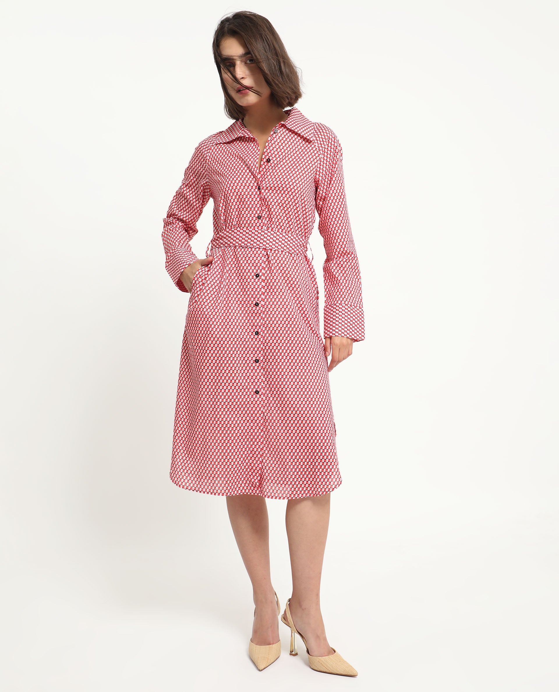 Rareism Women's Thomson Red Cotton Spread Collar Checked Cuffed Sleeve Midi Fit And Flare Dress