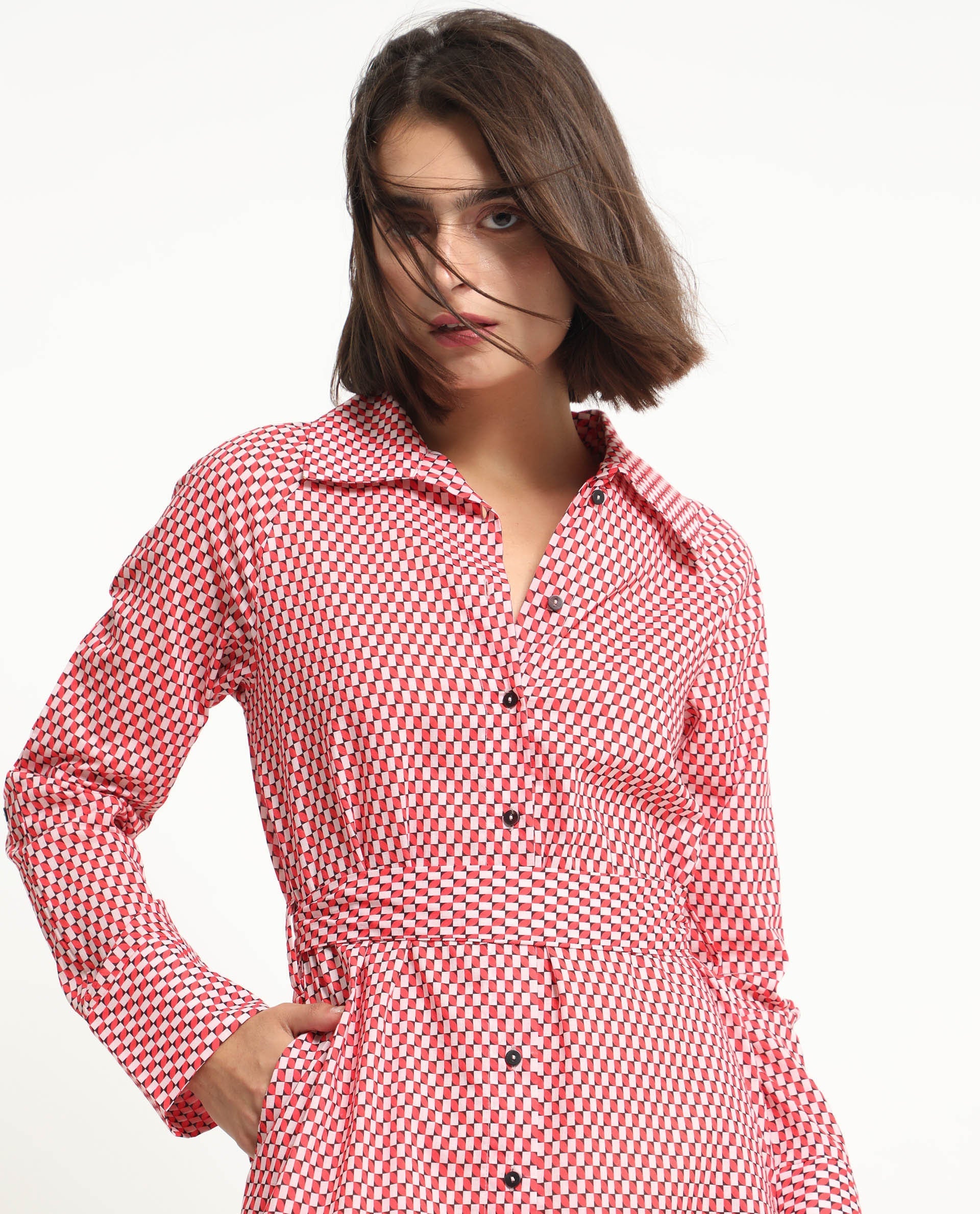 Rareism Women Thomson Red Cotton Fabric Full Sleeves Button Closure Shirt Collar Cuffed Sleeve Fit And Flare Checked Midi Boxy Dress