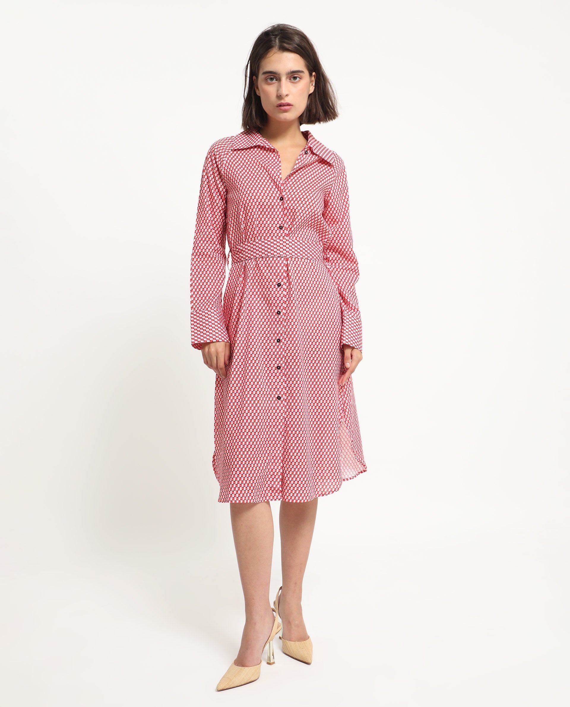 Rareism Women's Thomson Red Cotton Spread Collar Checked Cuffed Sleeve Midi Fit And Flare Dress