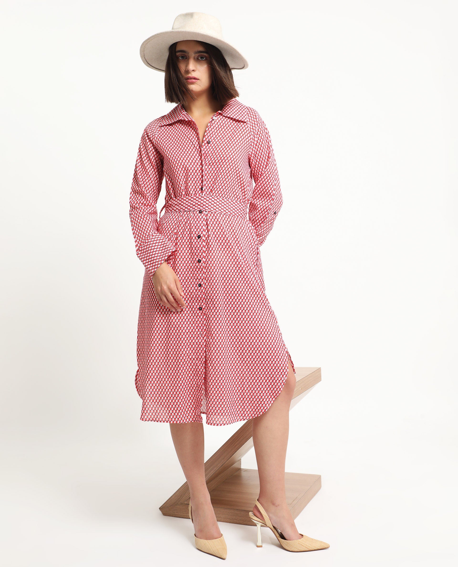 Rareism Women Thomson Red Cotton Fabric Full Sleeves Button Closure Shirt Collar Cuffed Sleeve Fit And Flare Checked Midi Boxy Dress