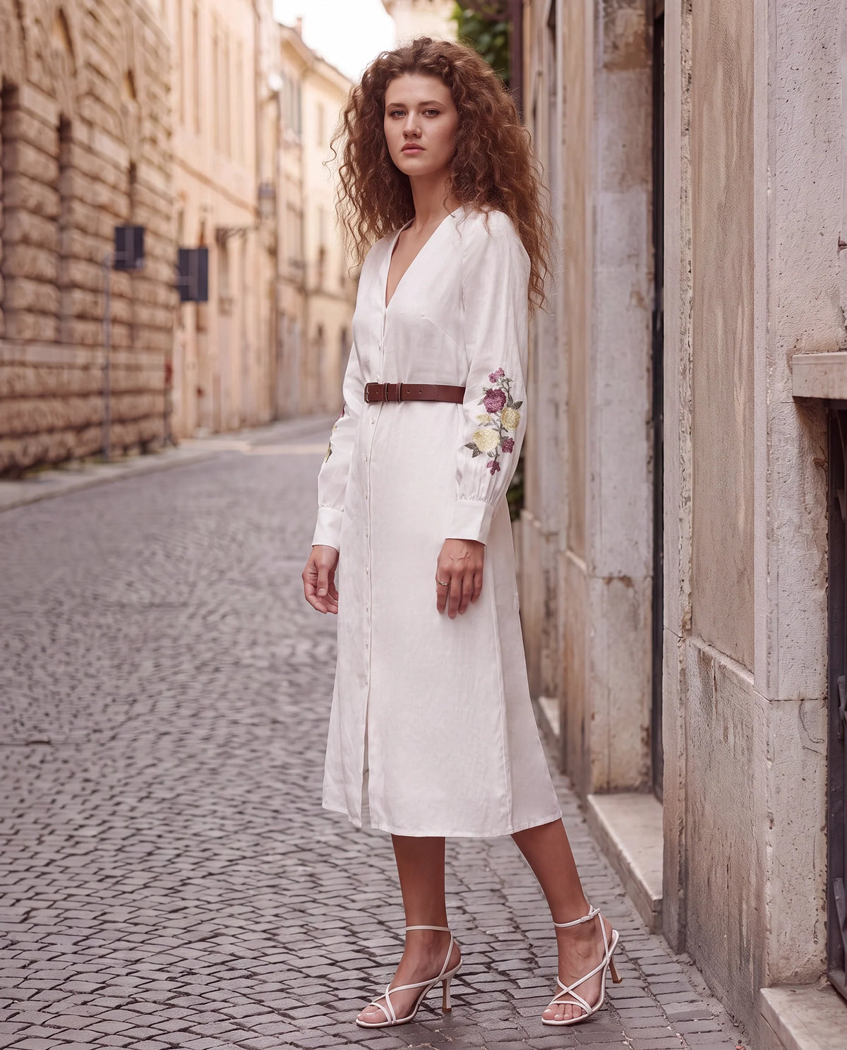 Rareism Women's Tiana Off White 100% Linen Mandarin Collar Button Relaxed Plain Dress