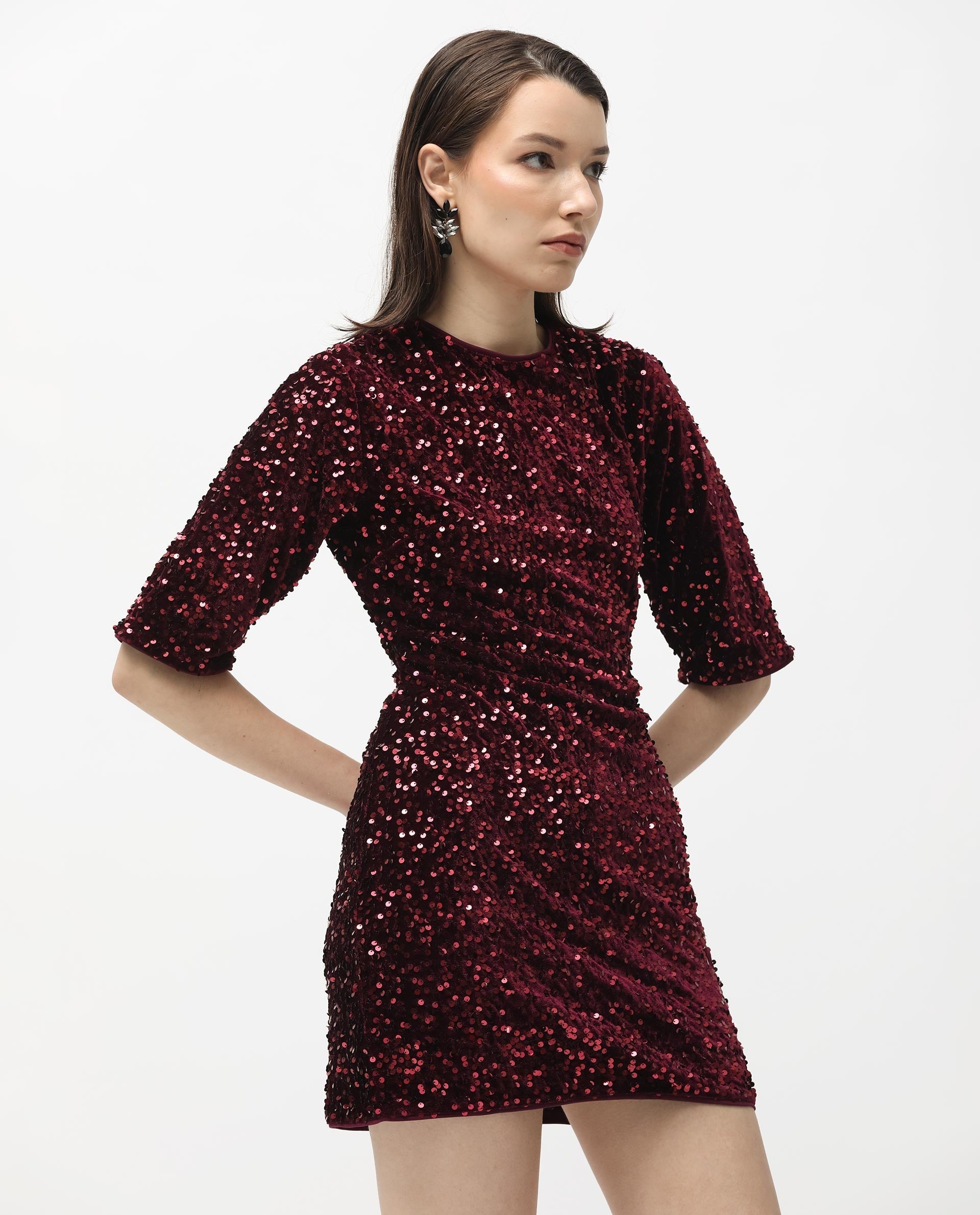 Rareism Women's Tiana Sheen Maroon Polyester Crew Neck Sequined Mini Regular Fit Dress