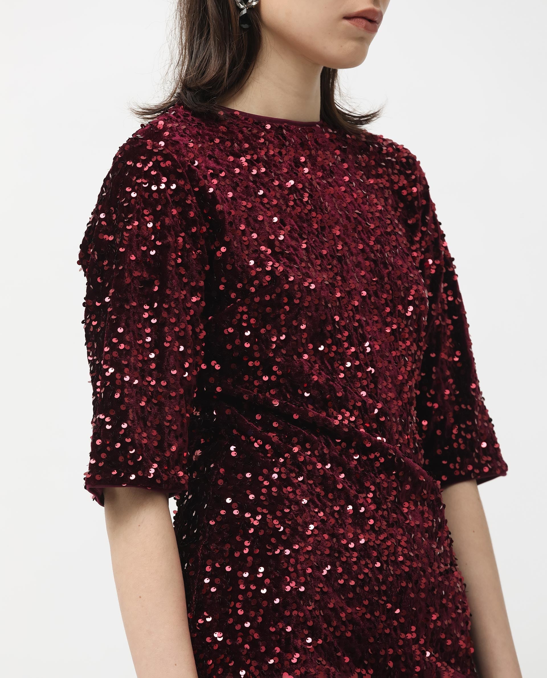 Rareism Women Tiana Sheen Maroon Polyester Fabric 3/4Th Sleeves Zip Closure Round Neck Regular Fit Sequined Short Boxy Dress