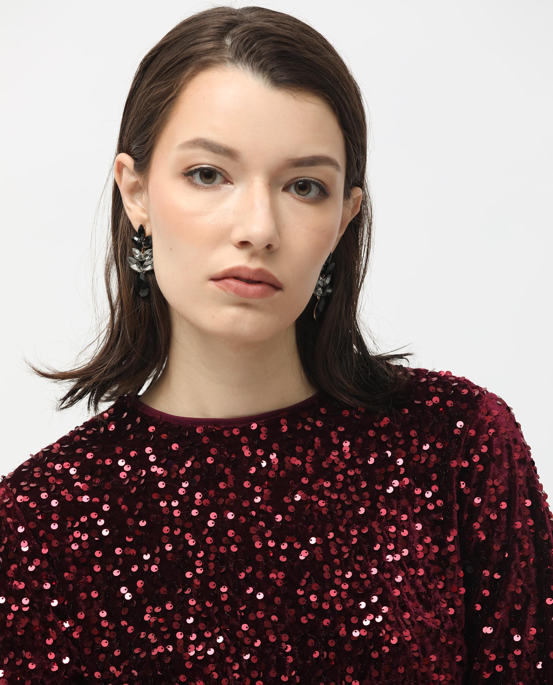 Rareism Women's Tiana Sheen Maroon Polyester Crew Neck Sequined Mini Regular Fit Dress