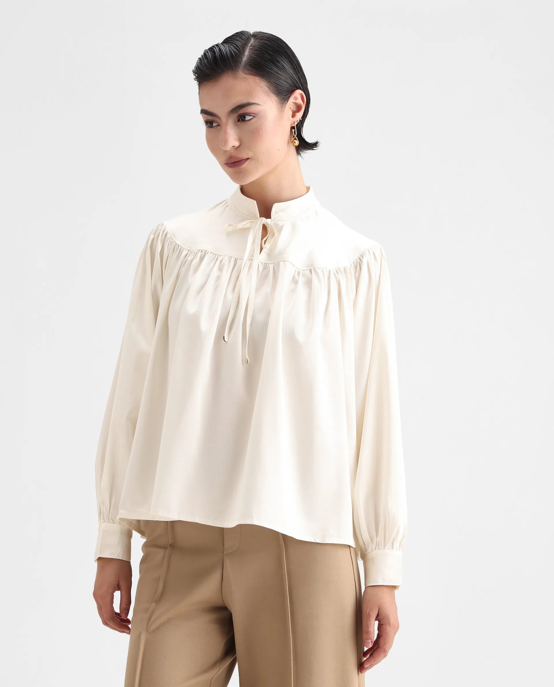 Rareism Women's Tia White Polyester Mandarin Collar Plain Volume Sleeve Relaxed Fit Top