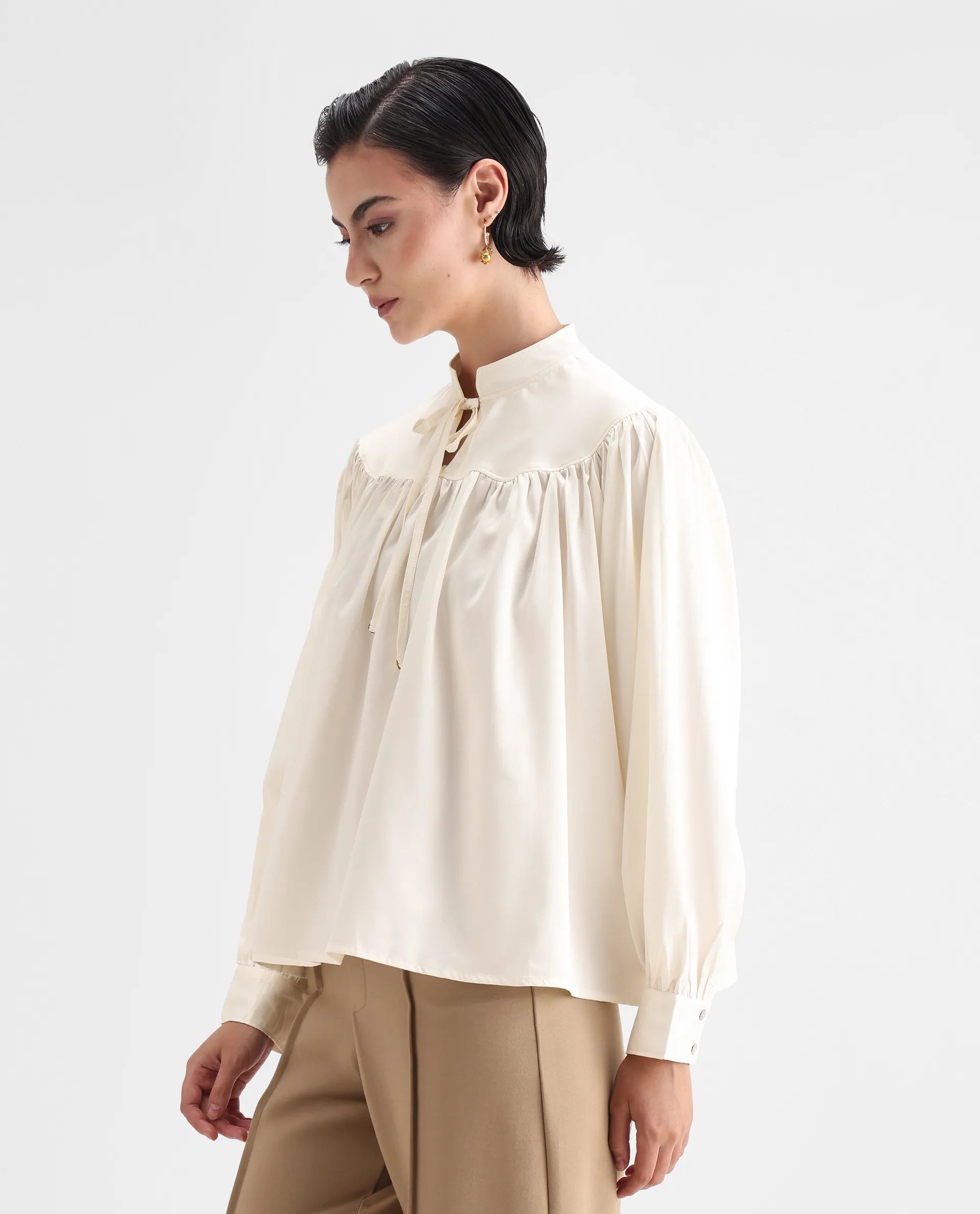 Rareism Women's Tia White Polyester Mandarin Collar Plain Volume Sleeve Relaxed Fit Top