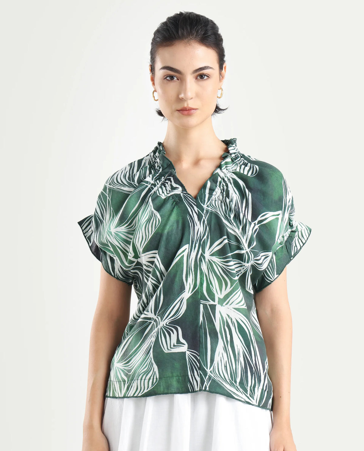 Rareism Women's Tichin Green Viscose Blend V-Neck Abstract Print Extended Sleeves Regular Fit Top