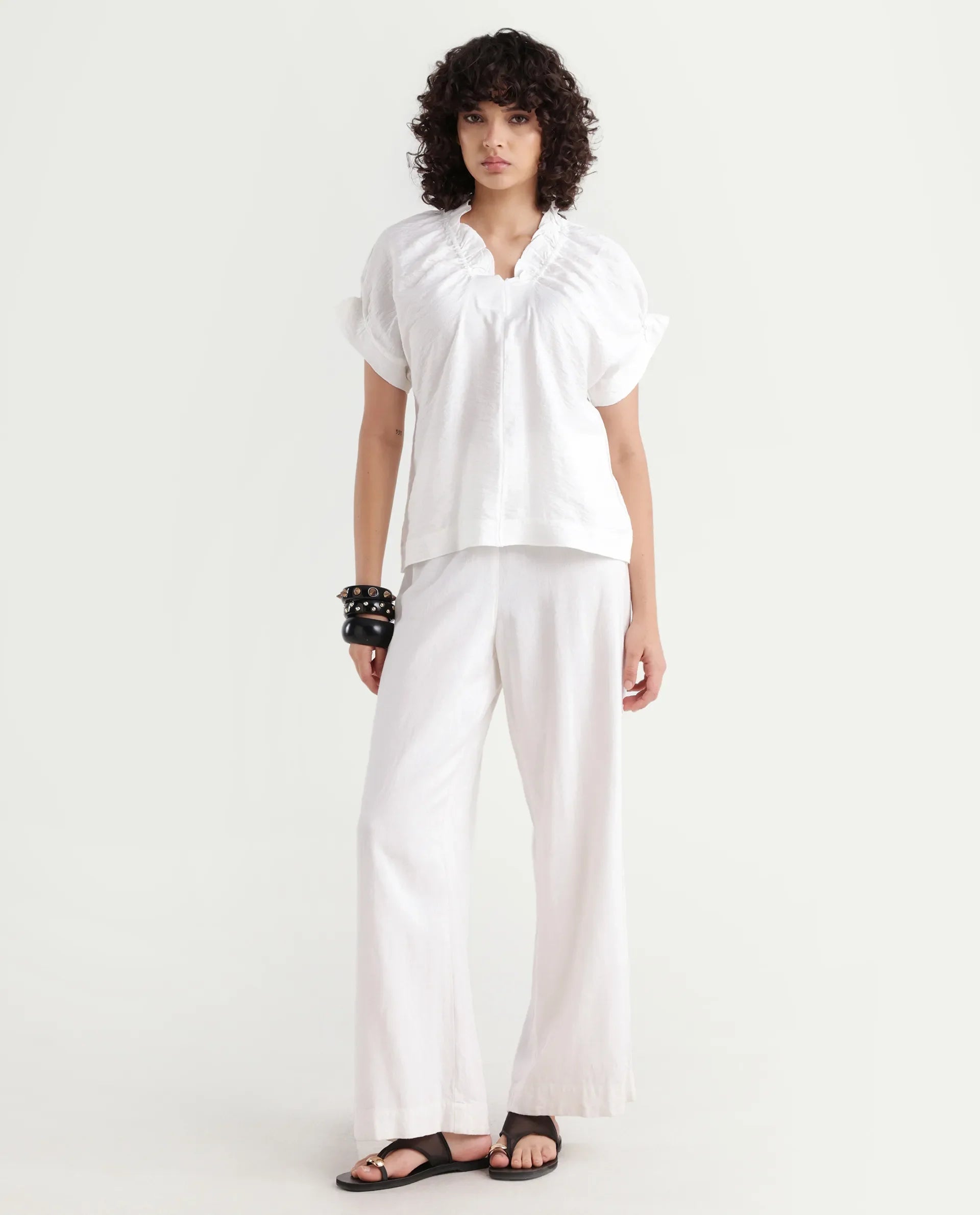 Rareism Women's Tichi White Viscose Blend V-Neck Plain Extended Sleeves Regular Fit Top